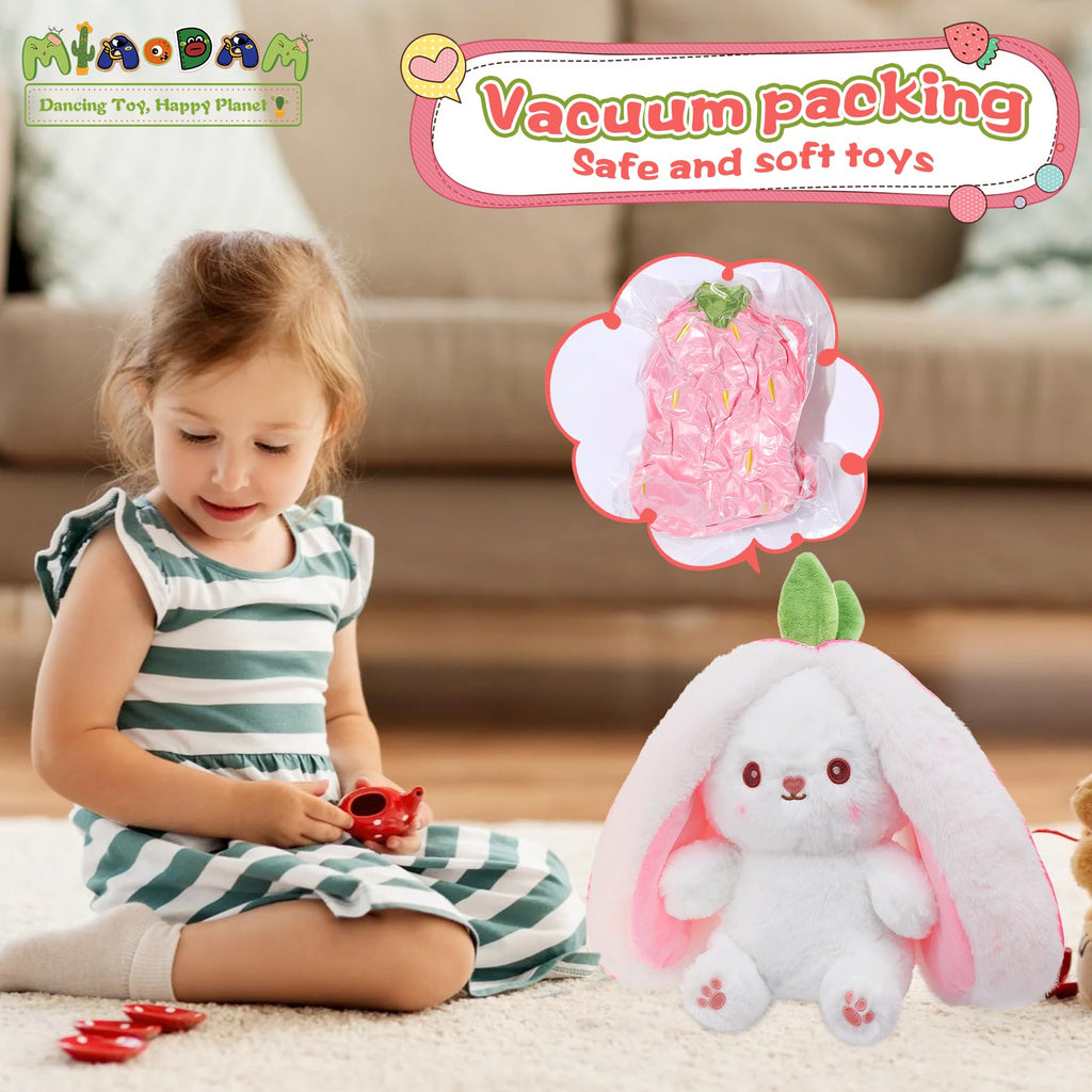 MIAODAM Bunny Stuffed Animal Reversible Cuddle Bunny Stuffed,Strawberry Bunny Transformed Rabbit Plush Zipper,Turns Into Ears Bunnies Plushies Toy Cute Stuffy Doll Easter