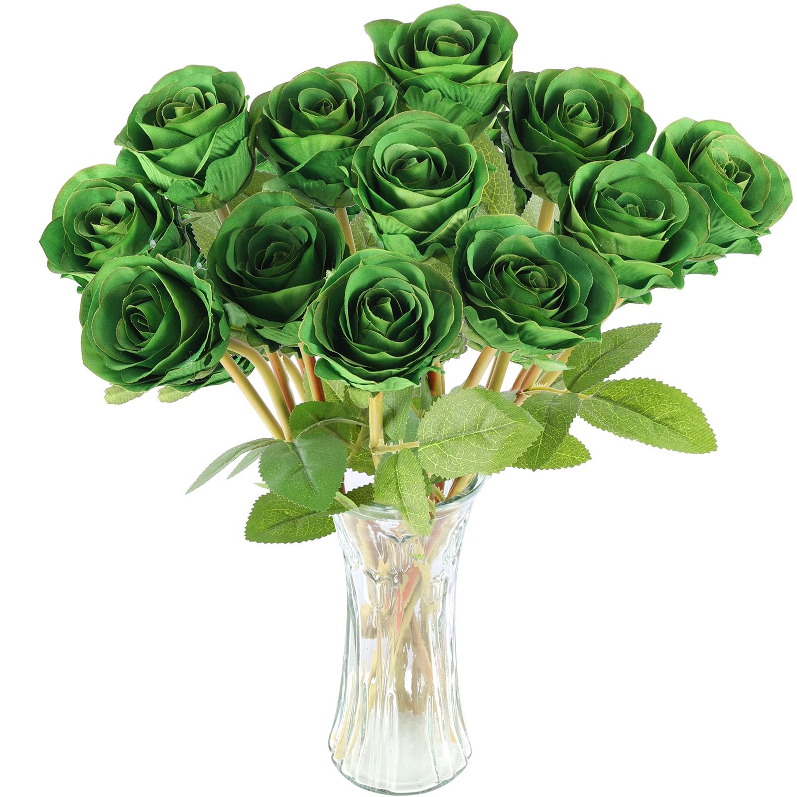 Hananona Artificial Roses Flowers for St. Patrick's Day，12 Pcs Silk Green Rose Bouquet for Spring Home Decoration, Green Faux Roses for Wedding
