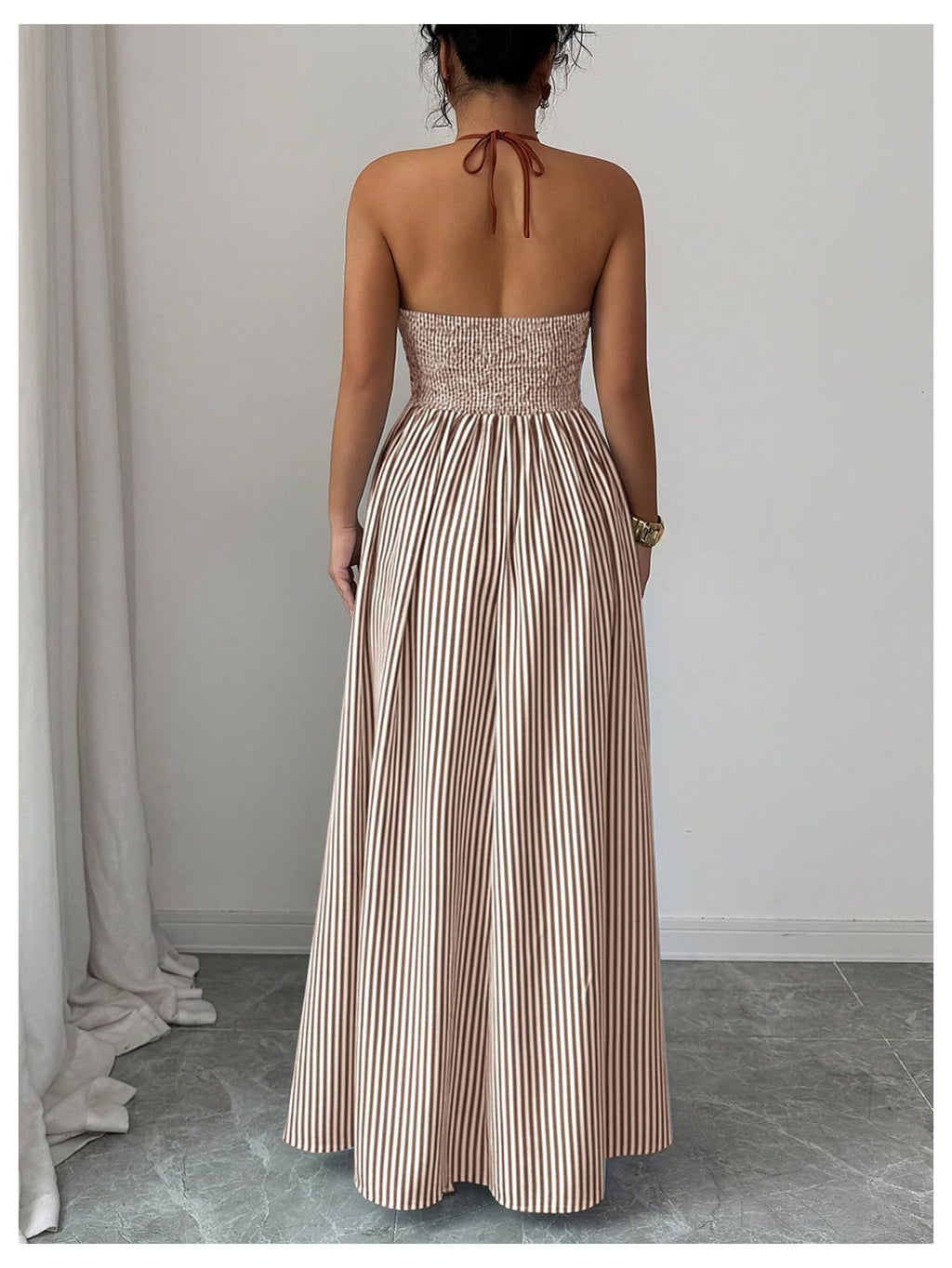 Floerns Women's Striped Halter Maxi Dress Backless Smocked Beach Vacation Boho Dress