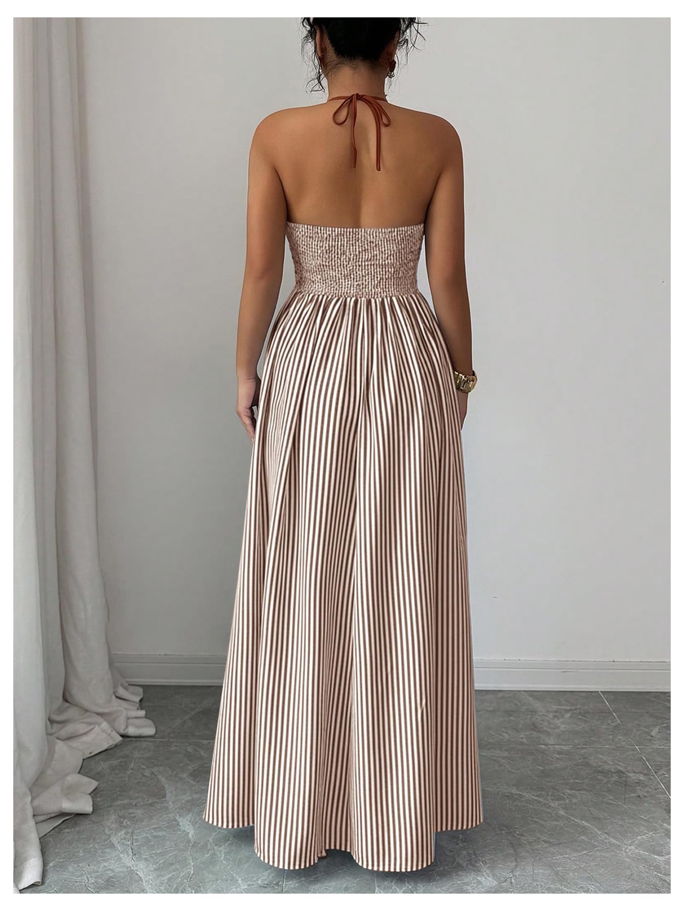 Floerns Women's Striped Halter Maxi Dress Backless Smocked Beach Vacation Boho Dress