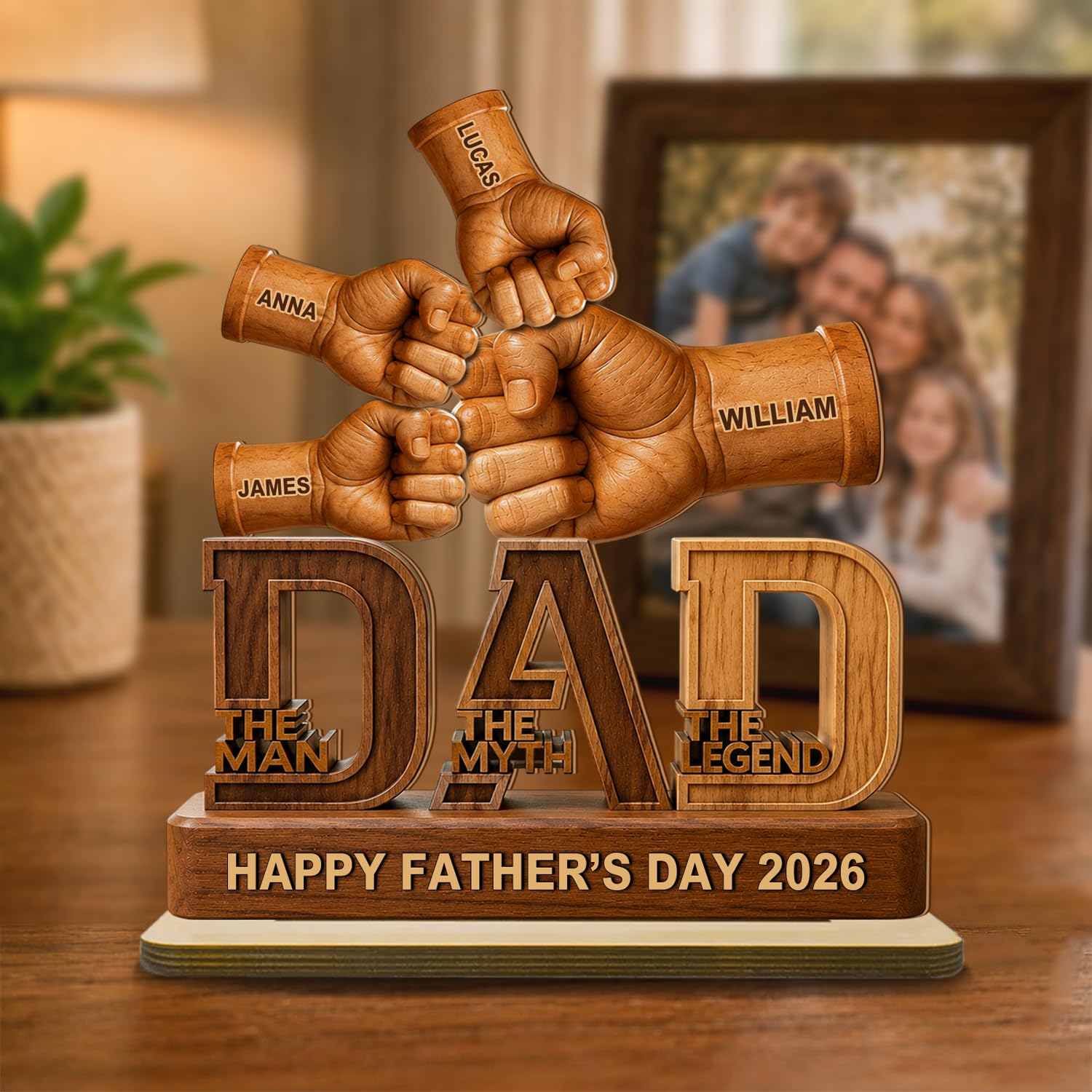 Personalized Fist Bump Dad and Kids Name Wooden Plaque, Custom Fathers Day Plaque for Dad Grandpa, Customized Sign Decorations for Daddy, Grandpa, Heartfelt Father's Day Birthday Gifts for Husband