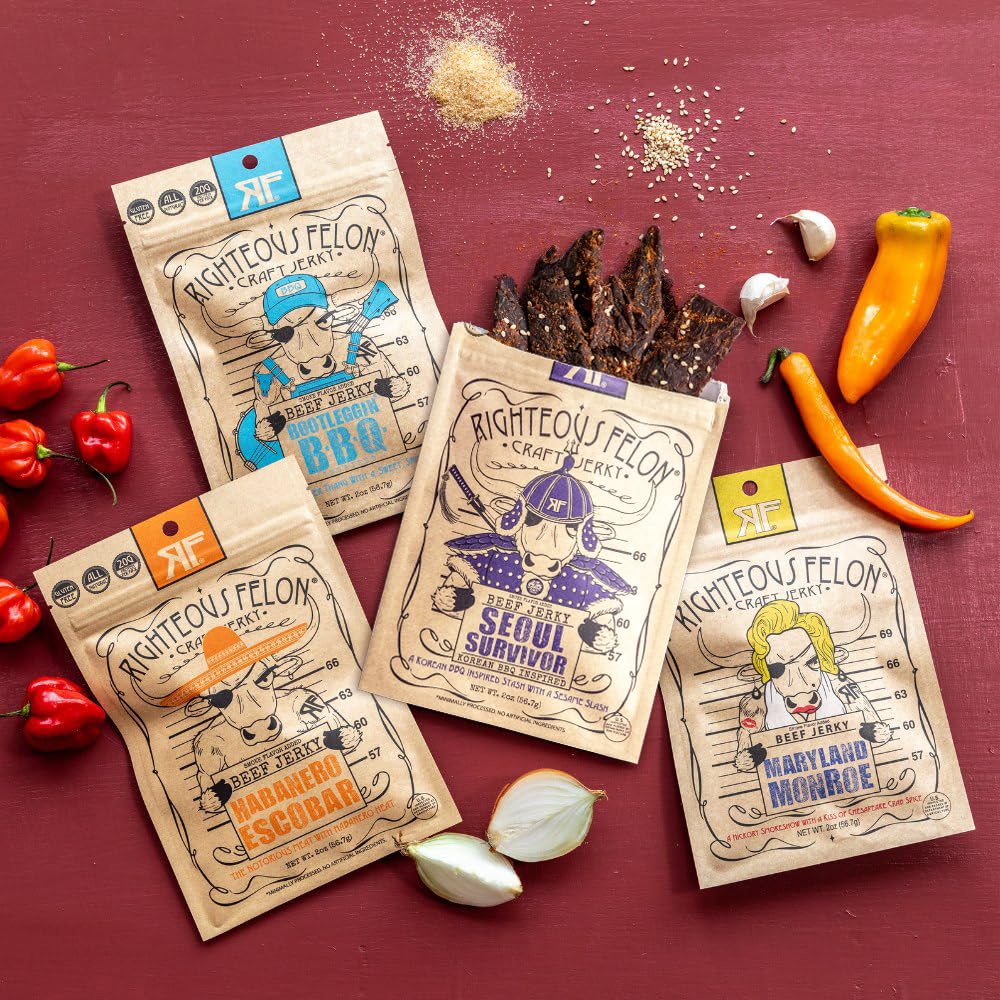 Righteous Felon Beef Jerky & Meat Sticks Variety Pack - Father's Day Jerky Sampler for Dad - Gluten Free Beef Jerky Snack Packs - High Protein, Keto, Low Sugar - Gifts for Men - 11 Pack Sampler