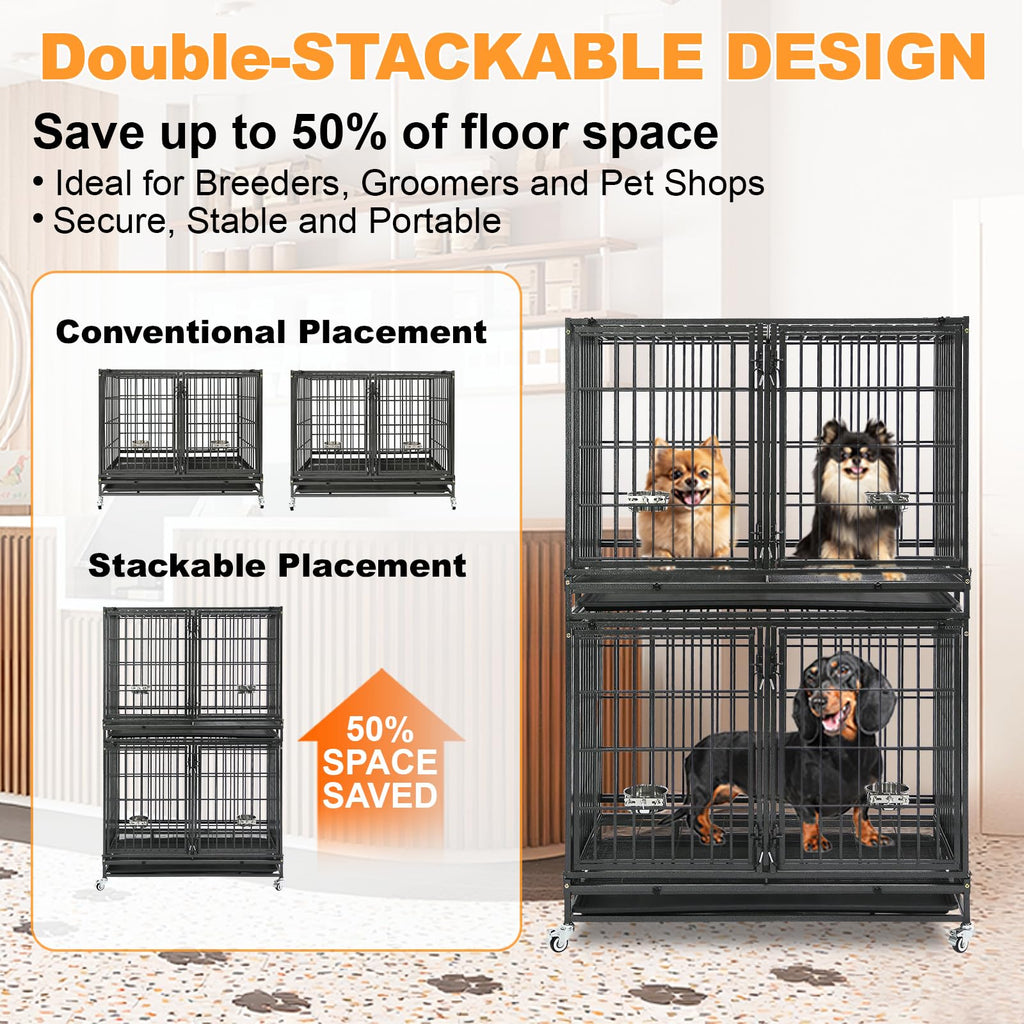 Homey Pet 37 Inch Heavy Duty Dog Crate for Medium Dogs, Stackable Dog Cage with Four Lockable Wheels, Removable Tray & Grid, Open Top, Escape Proof Dog Kennel Indoor