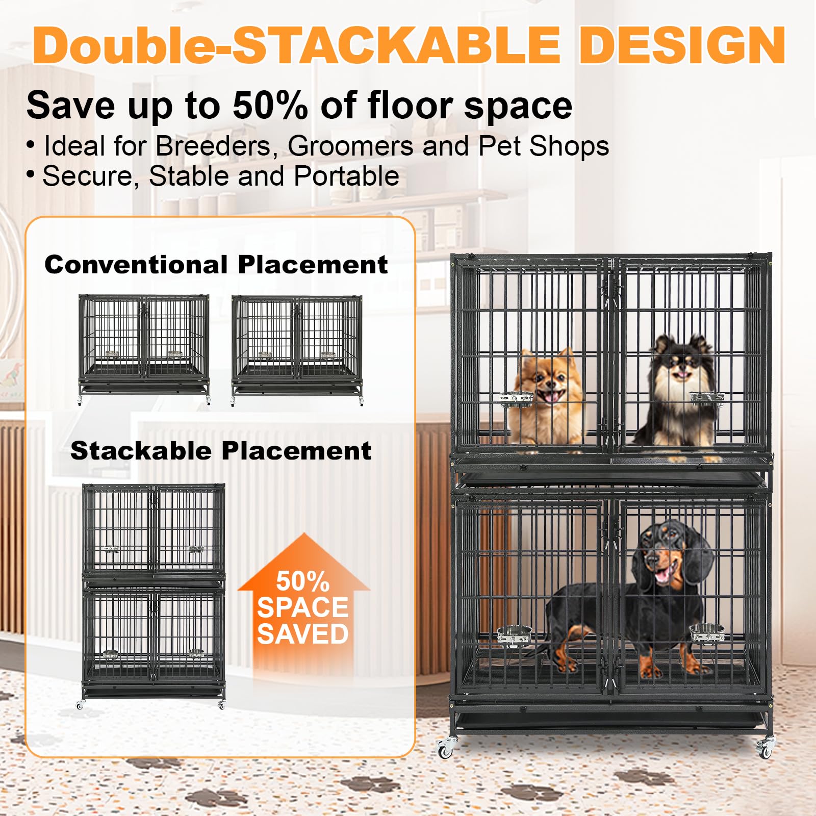 Homey Pet 37 Inch Heavy Duty Dog Crate for Medium Dogs, Stackable Dog Cage with Four Lockable Wheels, Removable Tray & Grid, Open Top, Escape Proof Dog Kennel Indoor