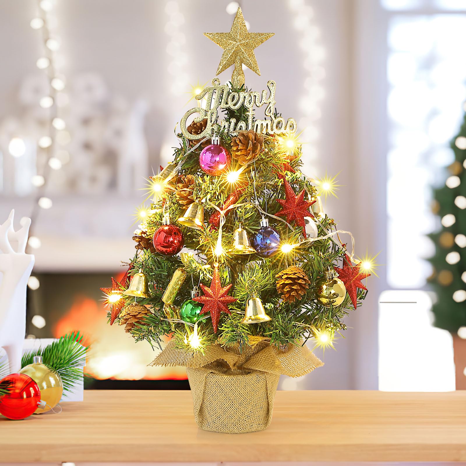 Tabletop Christmas Tree 21.65 Inch Mini Artificial Christmas Tree with 20 LED String Lights, Star Tree, Pine Cones Ornaments, Small Xmas Tree for Holiday Indoor DIY Christmas Decor