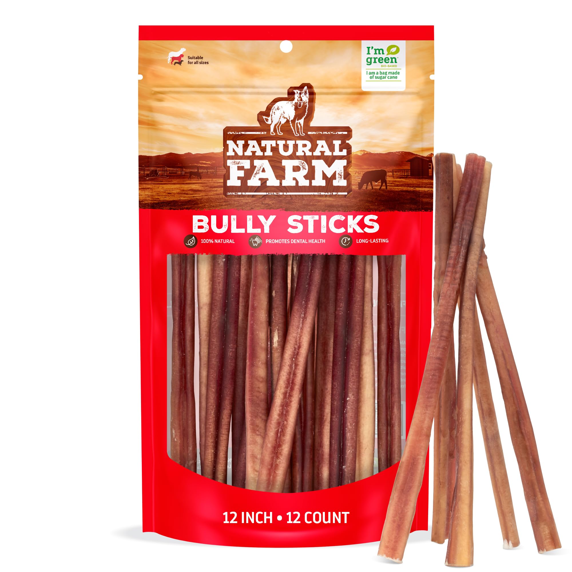 Natural Farm Bully Sticks (6 Inch, 15 Count), Single Ingredient: 100% Beef Chews, Grass-Fed, Non-GMO, Grain-Free, Fully Digestible Treats for Puppies, Small or Senior Dog