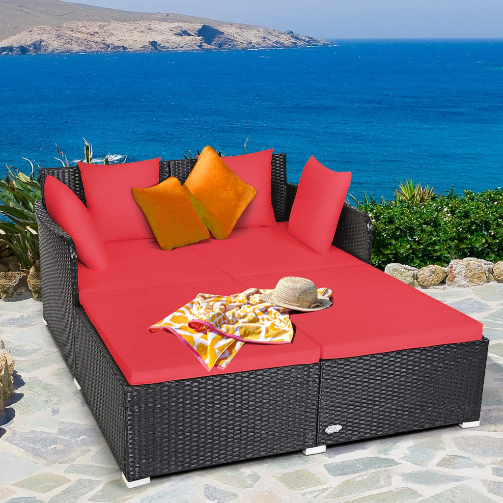 Tangkula Patio Rattan Daybed with Retractable Canopy, Outdoor Wicker Sunbed Lounger with 2 Foldable Side Tables, Thick Seat & Back Cushions, Outside Double Daybed for Garden, Backyard, Porch