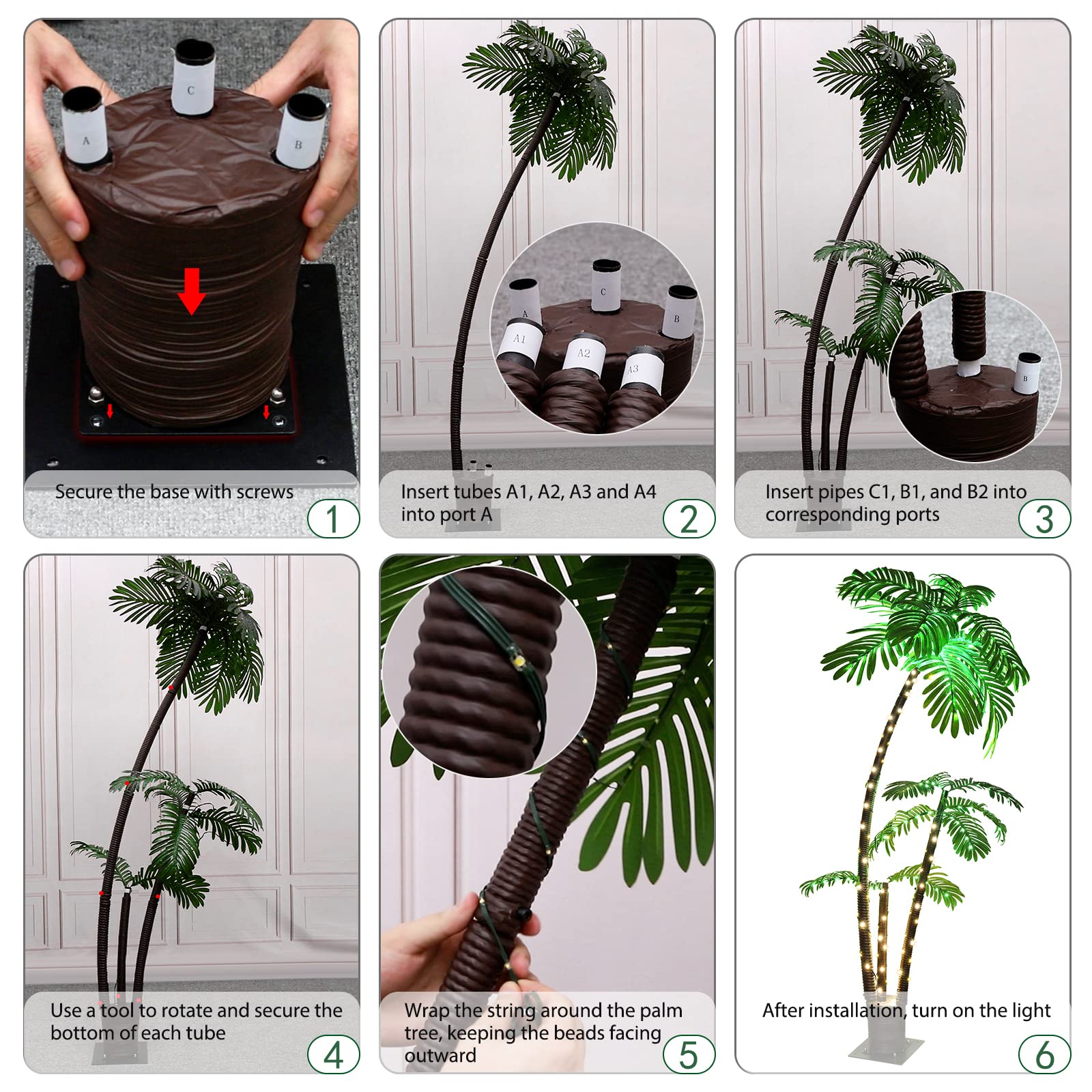 OUSHENG Lighted Palm Tree Bar Outdoor Christmas Decorations Decor, Light Up LED Artificial Fake Faux Trees Lights for Outside Patio Yard Pool Porch Deck Party Tropical, 6FT