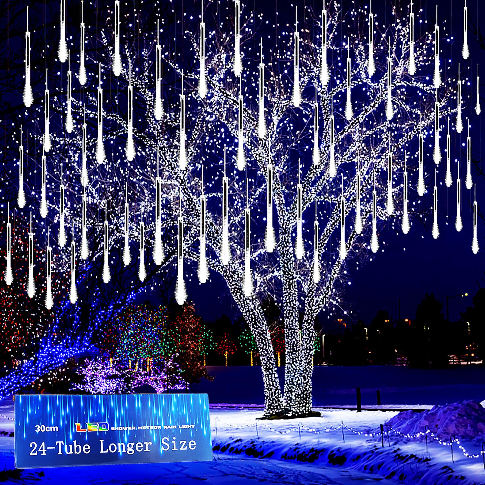 Kwaiffeo Outdoor Christmas Decorations, 24 Tubes(Equivalent to 3 Sets of 8-Tubes) LED Meteor Shower Lights for Xmas Halloween Decor Yard Lawn Outside Party, Outdoor Lighted Christmas-Themed Ornaments