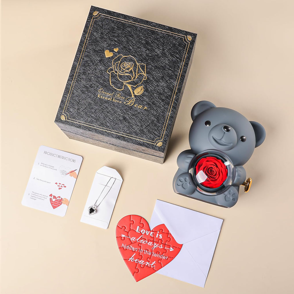 Cute Teddy Bear with Preserved Rose - A Real Rose Flower in Bear with Elegant Gift Box - Romantic Gift for Her in Mother's Day, Weddings, Anniversaries, and Bridal Showers (Red)