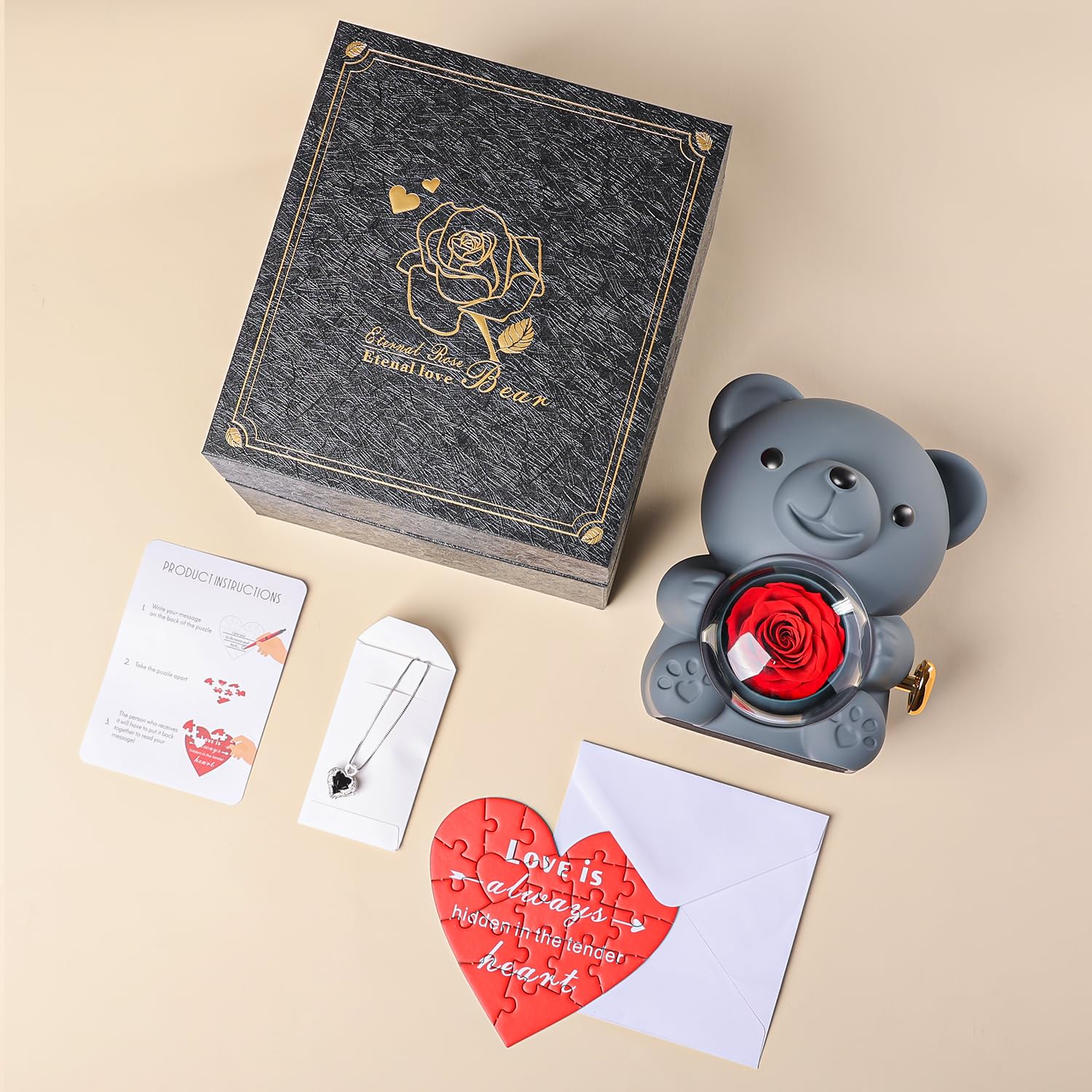 Cute Teddy Bear with Preserved Rose - A Real Rose Flower in Bear with Elegant Gift Box - Romantic Gift for Her in Mother's Day, Weddings, Anniversaries, and Bridal Showers (Red)