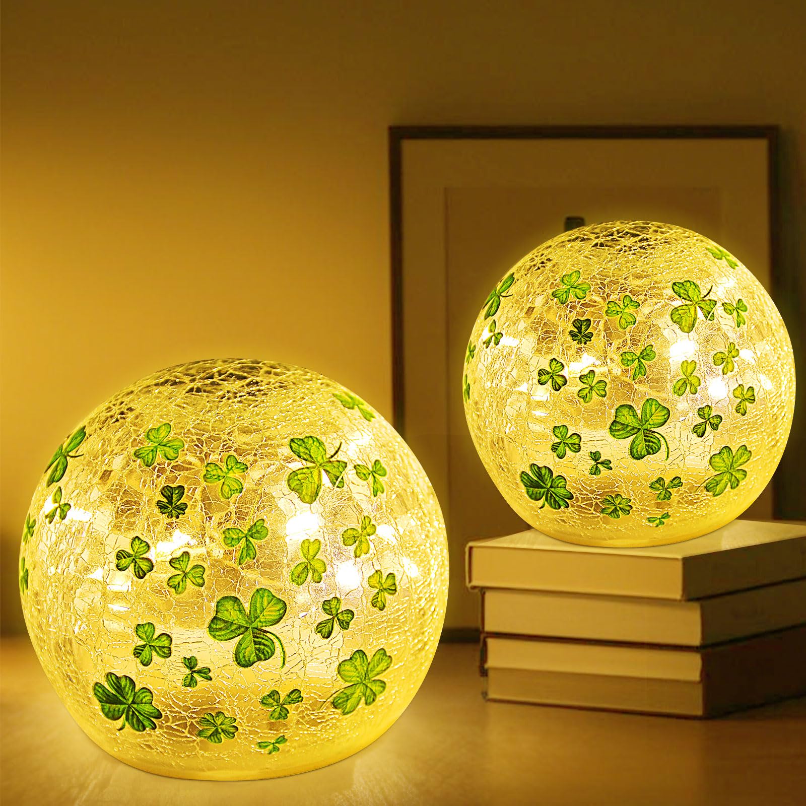 St Patricks Day Decorations Lights, Lighted Glass Ball Tabletop Irish Decor LED Night Light with Clover Pattern,Irish DIecorations for Home (2PCS3.93'')
