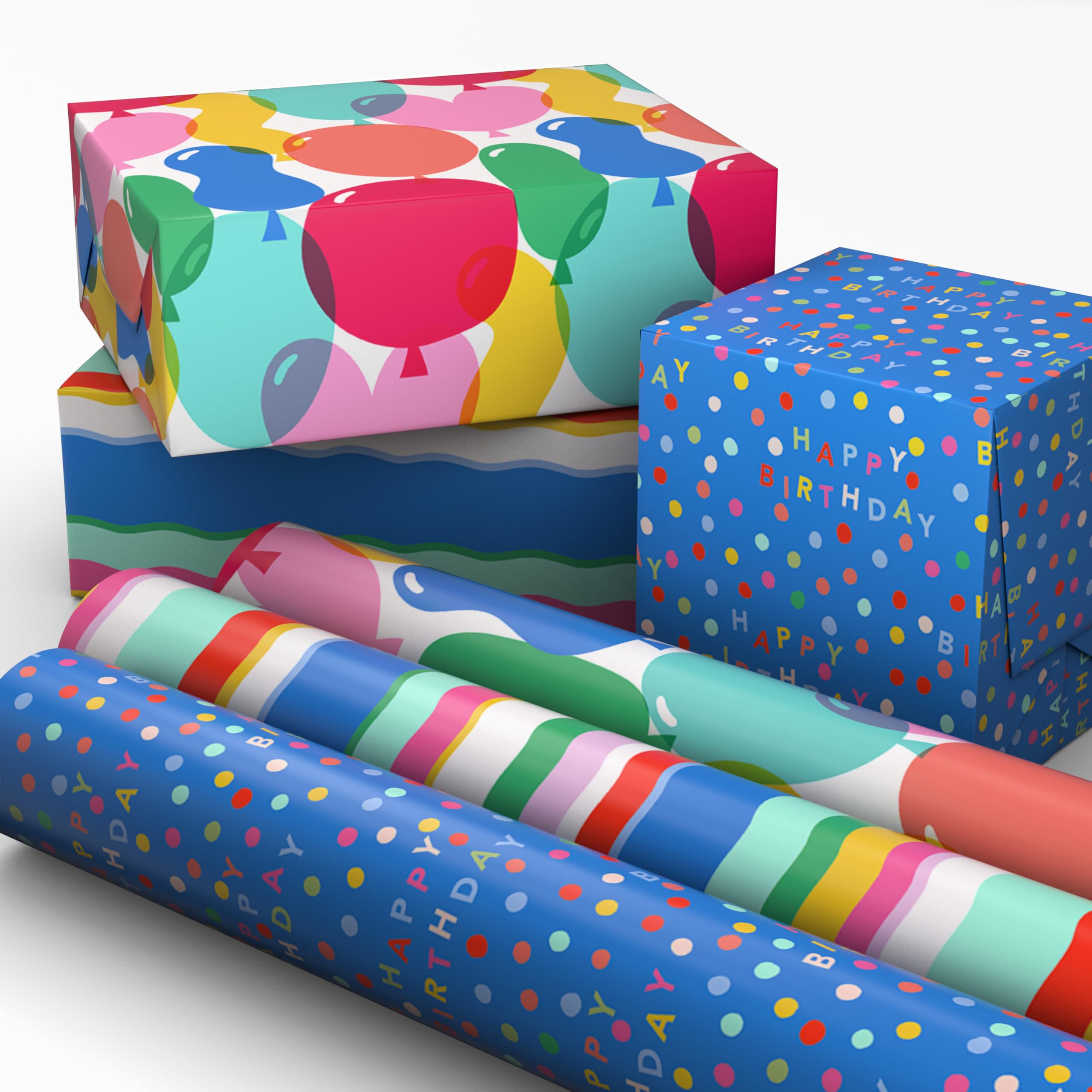 Hallmark All Occasion Wrapping Paper Bundle with Cut Lines on Reverse (Pack of 6; 180 sq. ft. ttl.) Solids, Polka Dots & Stripes for Birthdays, Easter, Mothers Day, Weddings, Baby Showers (5JXW1746)