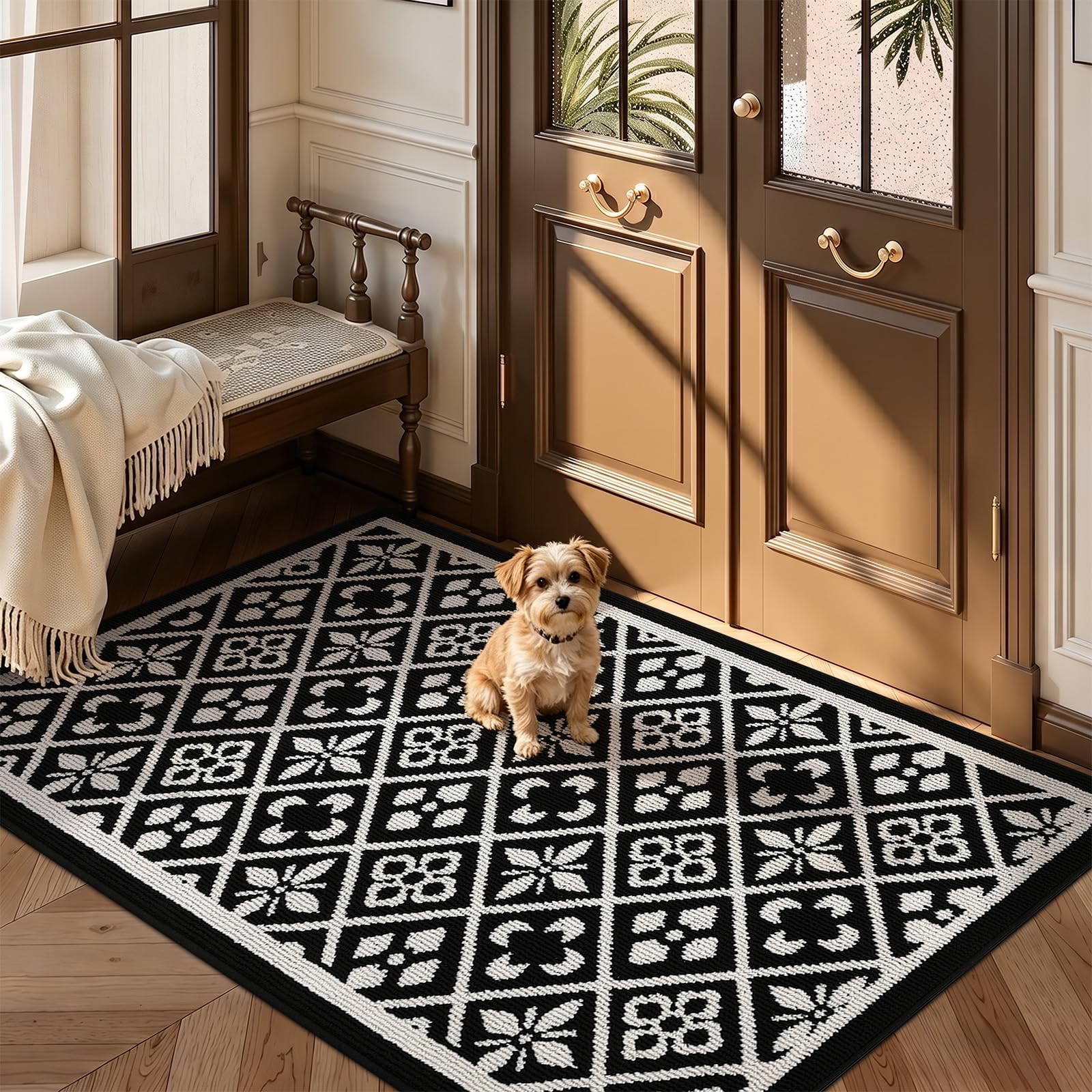 Ileading Christmas Entrance Door Mat, Absorbent Dog Mats for Muddy Paws, Low-Profile Small Red Xmas Decor Kitchen Runner Rug with Non-Slip Backing, Machine Washable Entryway Welcome Mat(Red 24"X36")