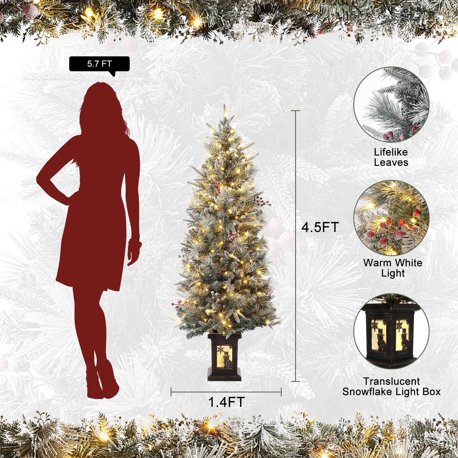 3FT Prelit Premium Snow Flocked Artificial Christmas Tree with Warm White LED, Mini Prelit Xmas Pine Tree for Christmas Decoration,Yard,Home,Office,Outdoor,Indoor,8 Mode Snowflake White Base- 1PC