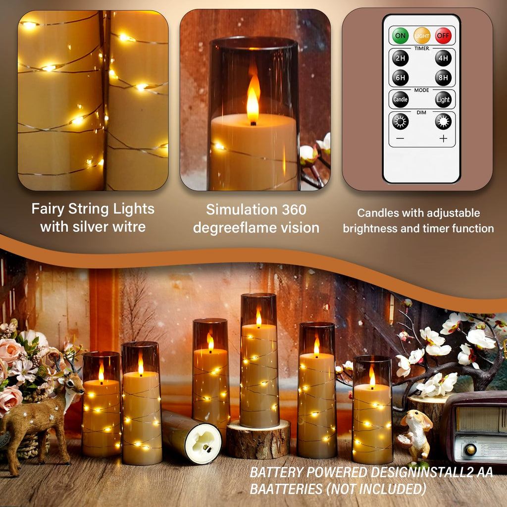 kakoya Flameless LED Candles with Timer 5 Pc Flickering Flameless Candles for Romantic Ambiance and Home Decoration Stable Acrylic Shell,with Embedded Star String，Battery Operated Candles（Red）