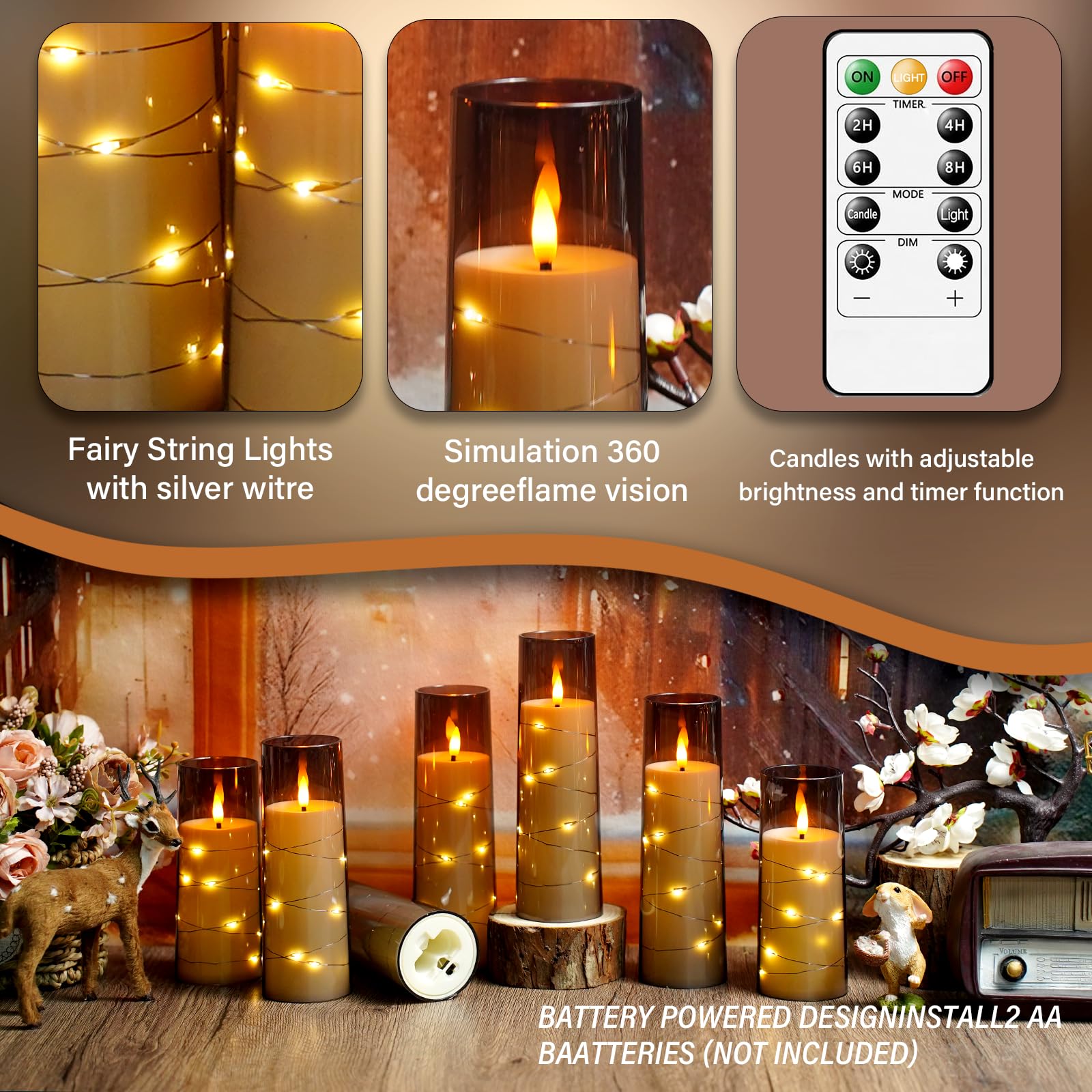 kakoya Flameless LED Candles with Timer 5 Pc Flickering Flameless Candles for Romantic Ambiance and Home Decoration Stable Acrylic Shell,with Embedded Star String，Battery Operated Candles（Red）