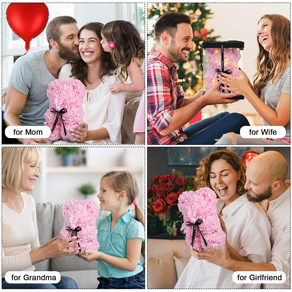 Rose Bear Mother's Day Flower Gifts for Mom Grandma, Rose Teddy Bear with Lights, Cute Teddy Flower Bear, Cute Romantic Present for Wife Girlfriend with Transparent Gift Box and Love Card