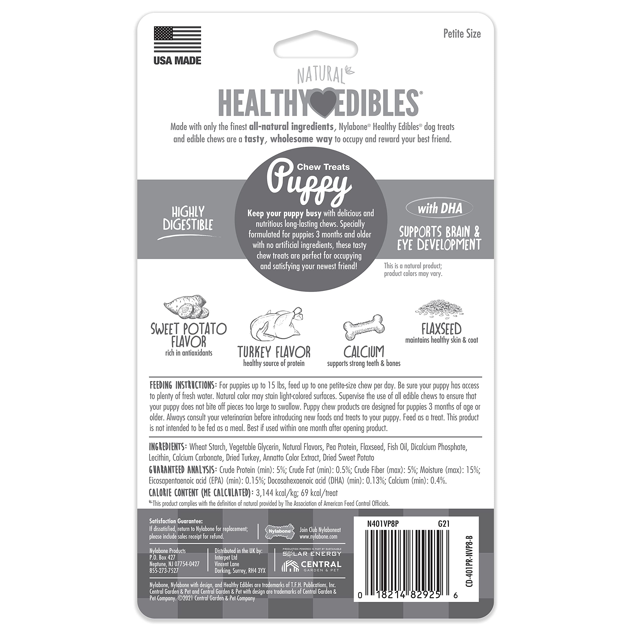 Nylabone Healthy Edibles Natural Puppy Chews Long Lasting Treats for Puppies, Roast Beef/Apple/Bacon Dog Treats, X-Small/Petite (3 Count)