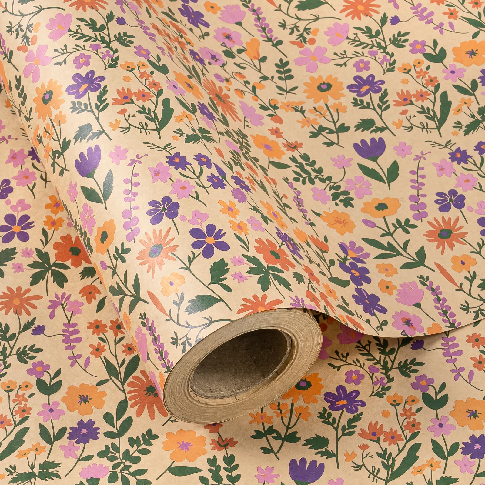 WRAPAHOLIC Kraft Floral Wrapping Paper Roll - Mini Roll - 17 Inch x 9.8 Feet - Spring Summer Garden Flower Design Perfect for Wedding, Bridal Shower, Birthday