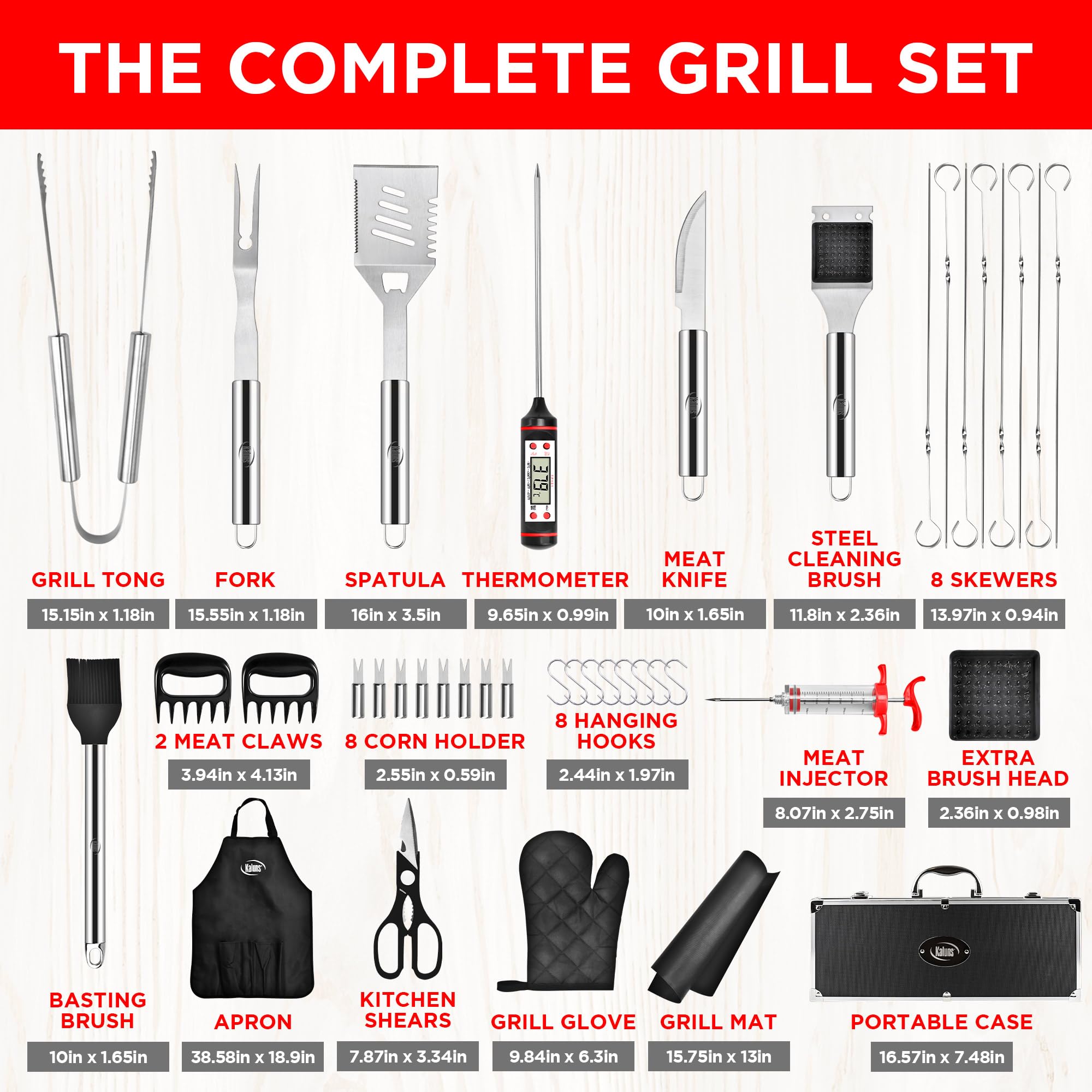 Kaluns Grilling Accessories, Dad Gifts for Fathers Day, Grilling Gifts, Heavy Duty Stainless Steel BBQ Tool Set for Outdoor Grill with Aluminum Case and Apron, Birthday Gifts for Men Women