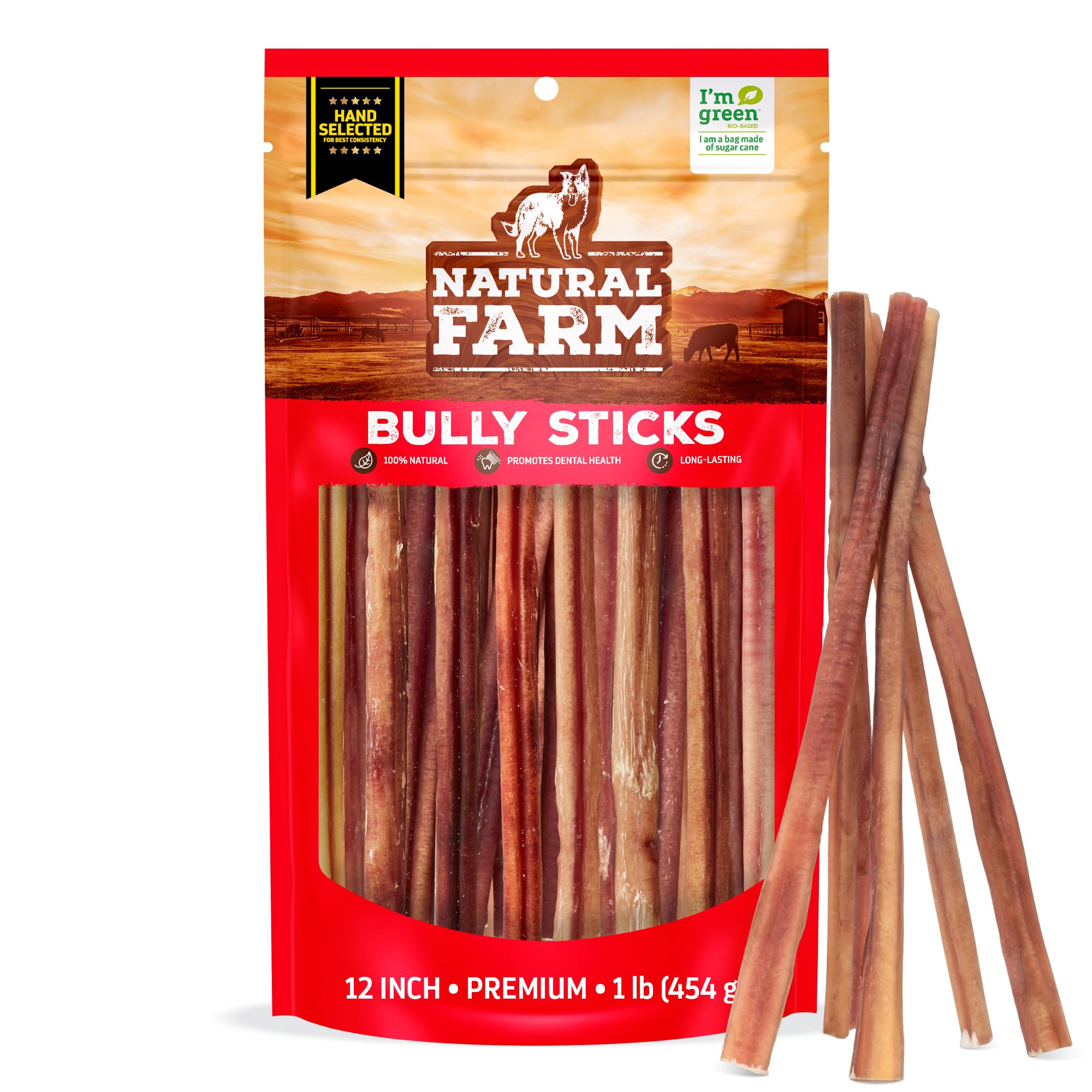Natural Farm Bully Sticks (6 Inch, 15 Count), Single Ingredient: 100% Beef Chews, Grass-Fed, Non-GMO, Grain-Free, Fully Digestible Treats for Puppies, Small or Senior Dog