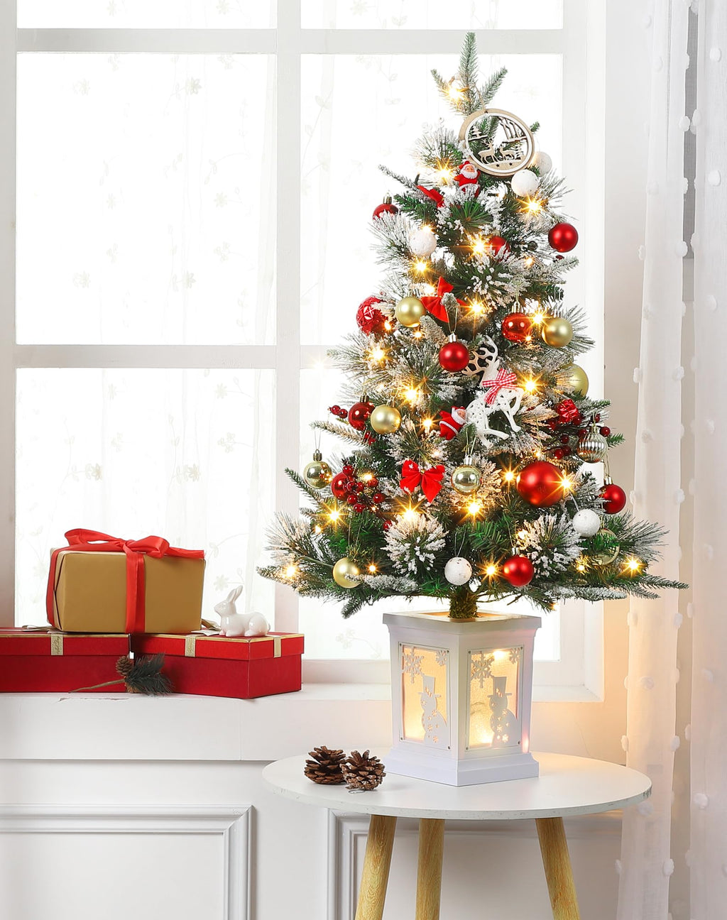 3FT Prelit Premium Snow Flocked Artificial Christmas Tree with Warm White LED, Mini Prelit Xmas Pine Tree for Christmas Decoration,Yard,Home,Office,Outdoor,Indoor,8 Mode Snowflake White Base- 1PC