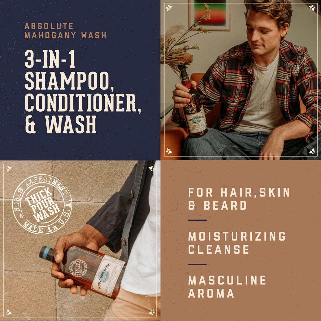 18.21 Man Made Original Absolute Mahogany 3-in-1 Body Wash, Shampoo, & Conditioner for Men, All Hair & Skin Types, Strengthens and Moisturizes in a Manly Aroma, 18oz