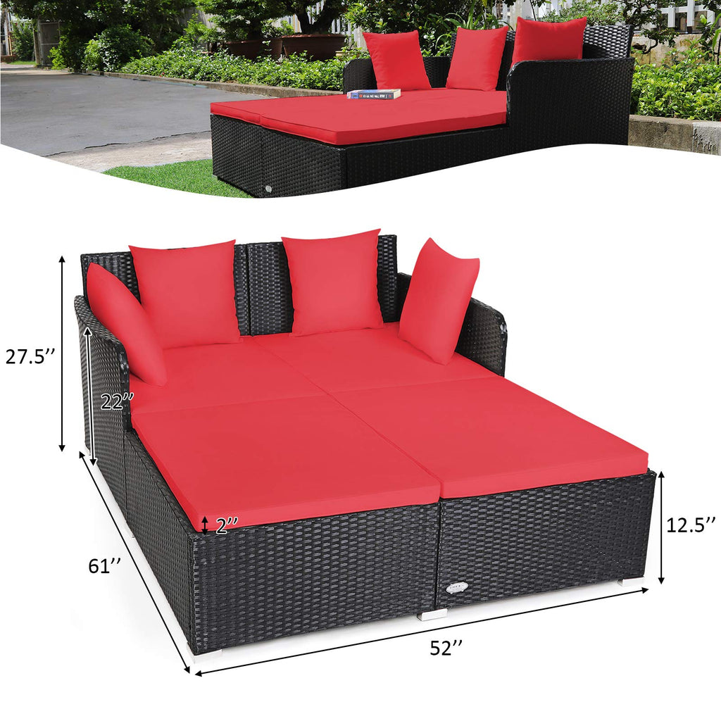 Tangkula Patio Rattan Daybed with Retractable Canopy, Outdoor Wicker Sunbed Lounger with 2 Foldable Side Tables, Thick Seat & Back Cushions, Outside Double Daybed for Garden, Backyard, Porch