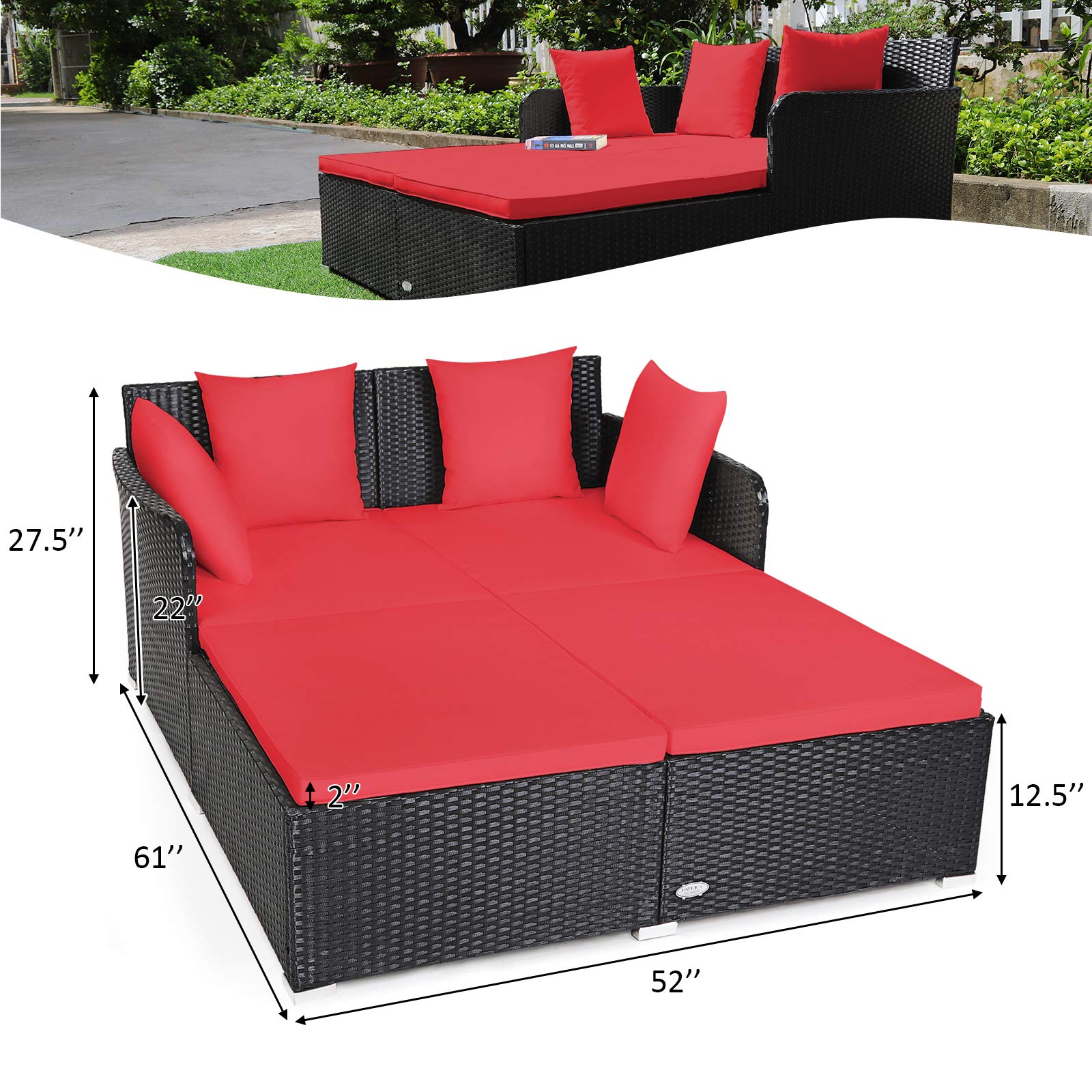 Tangkula Patio Rattan Daybed with Retractable Canopy, Outdoor Wicker Sunbed Lounger with 2 Foldable Side Tables, Thick Seat & Back Cushions, Outside Double Daybed for Garden, Backyard, Porch
