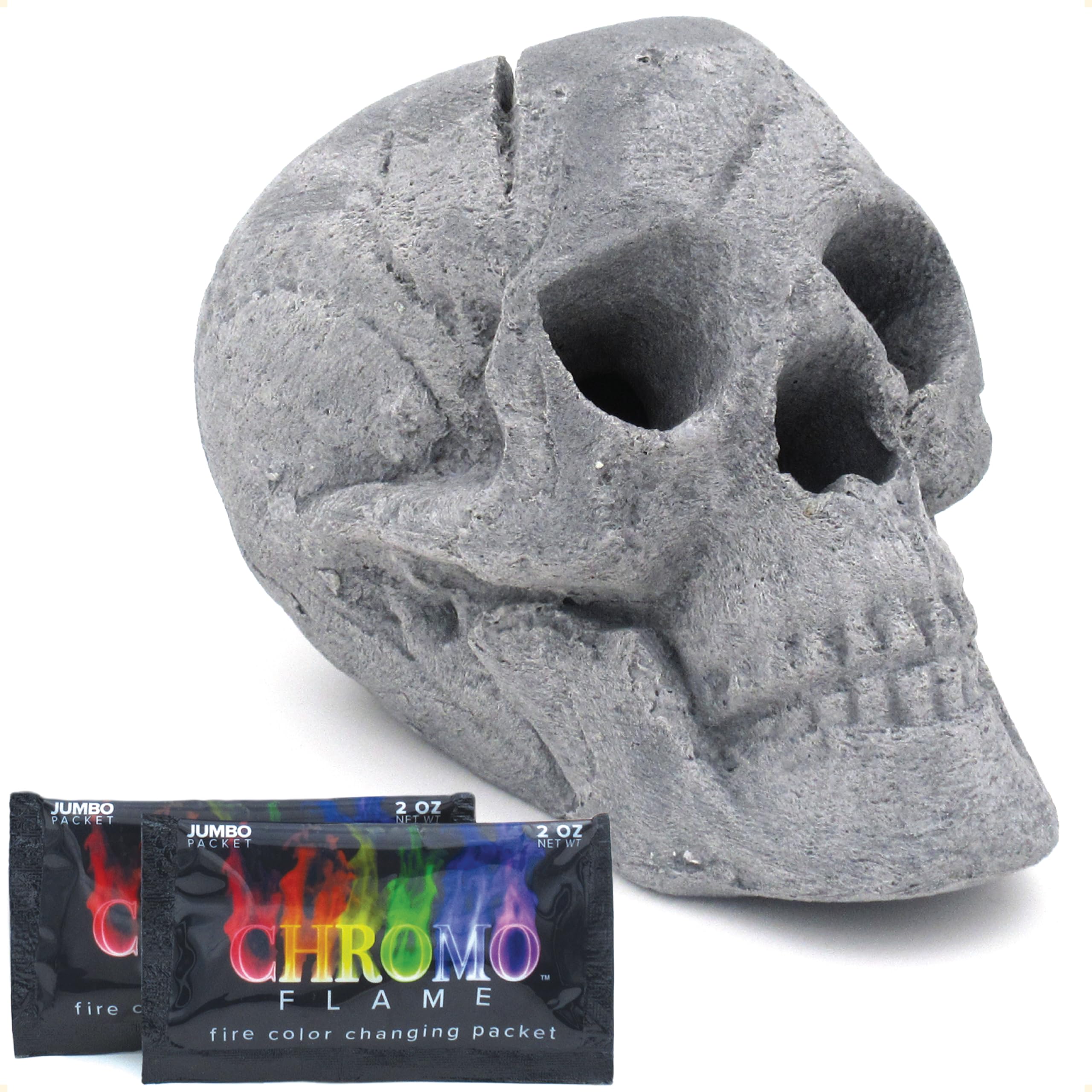 OSKER Fire Pit Skull with Fire Color Changing Packets | Ceramic Fireproof Log for Bonfire, Campfire, Fireplace, Firepit | Halloween Decor | Gas, Propane, or Wood Fires | 9 Inch - Light Beige