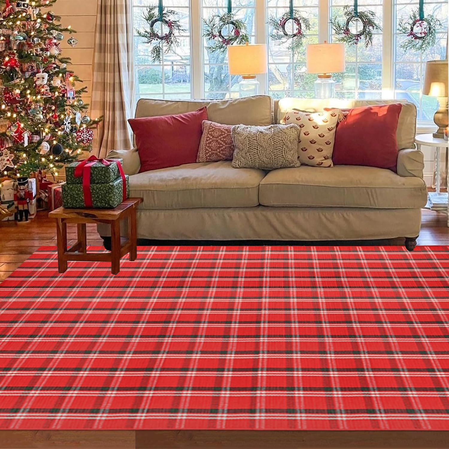 Orange and Black Plaid Rug, 28'' x 43'' Fall Outdoor Front Door Decor Mat, Cotton Washable Hand-Woven Rug for Layered Doormat, Autumn Halloween Thanksgiving Carpet for Porch, Entryway