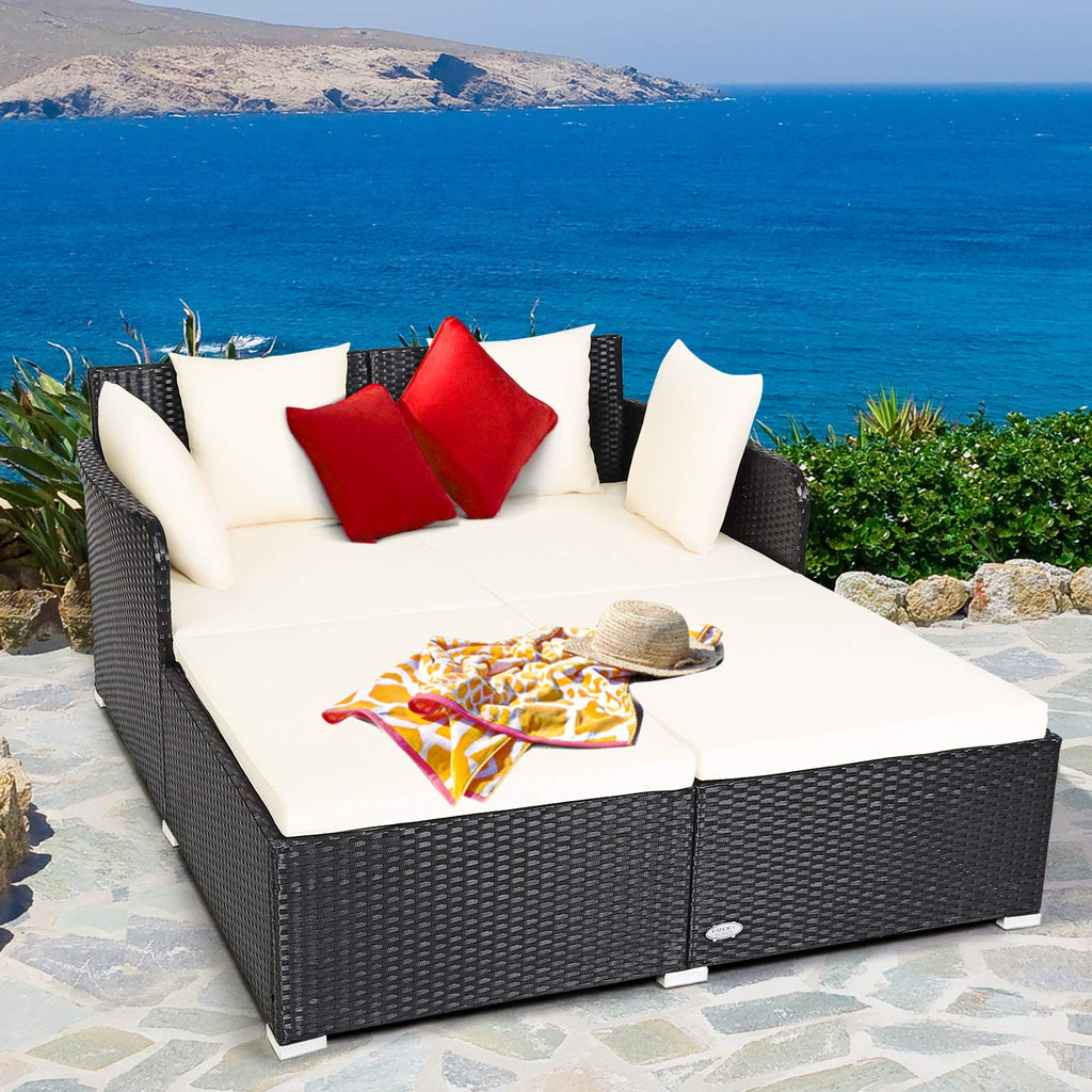 Tangkula Patio Rattan Daybed with Retractable Canopy, Outdoor Wicker Sunbed Lounger with 2 Foldable Side Tables, Thick Seat & Back Cushions, Outside Double Daybed for Garden, Backyard, Porch