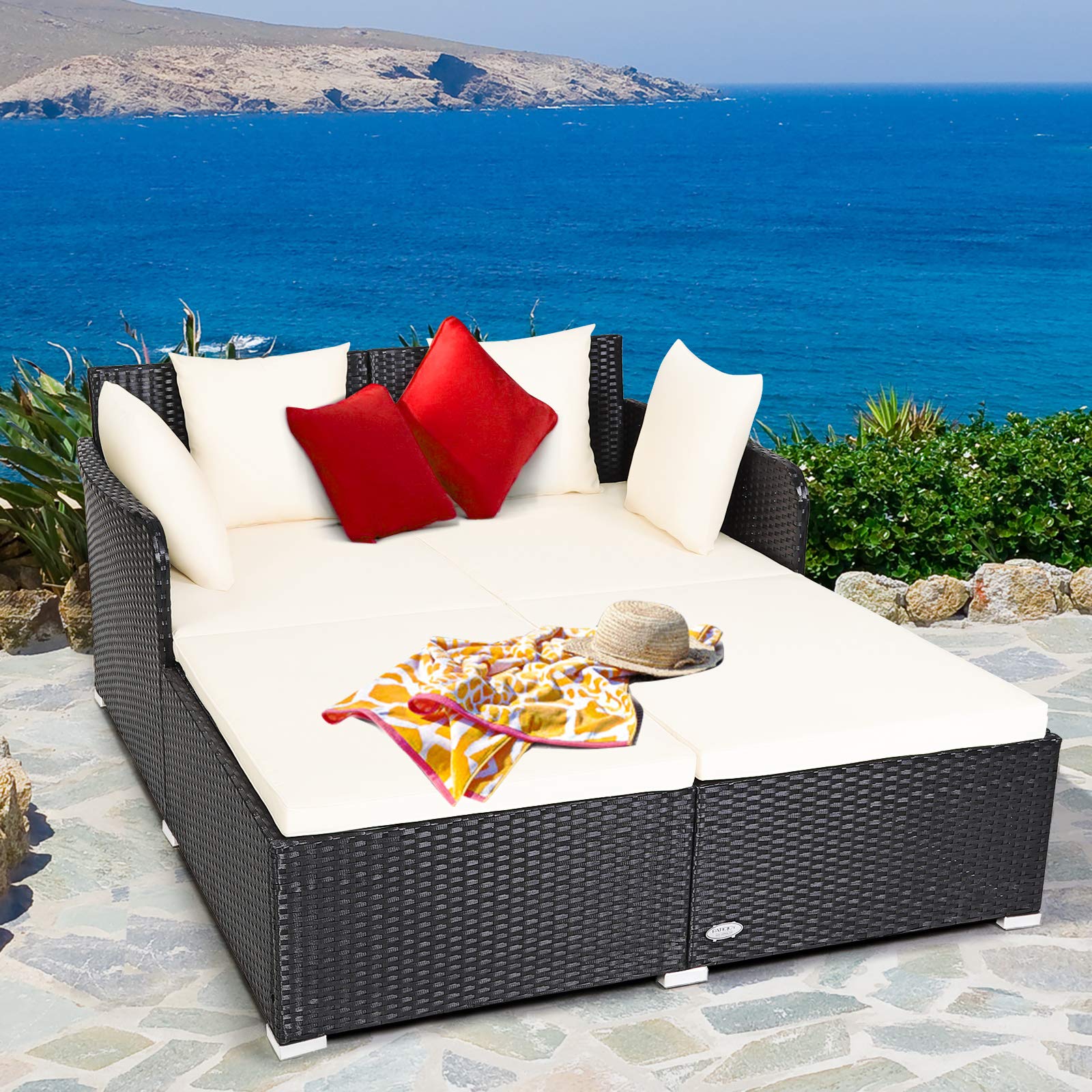 Tangkula Patio Rattan Daybed with Retractable Canopy, Outdoor Wicker Sunbed Lounger with 2 Foldable Side Tables, Thick Seat & Back Cushions, Outside Double Daybed for Garden, Backyard, Porch