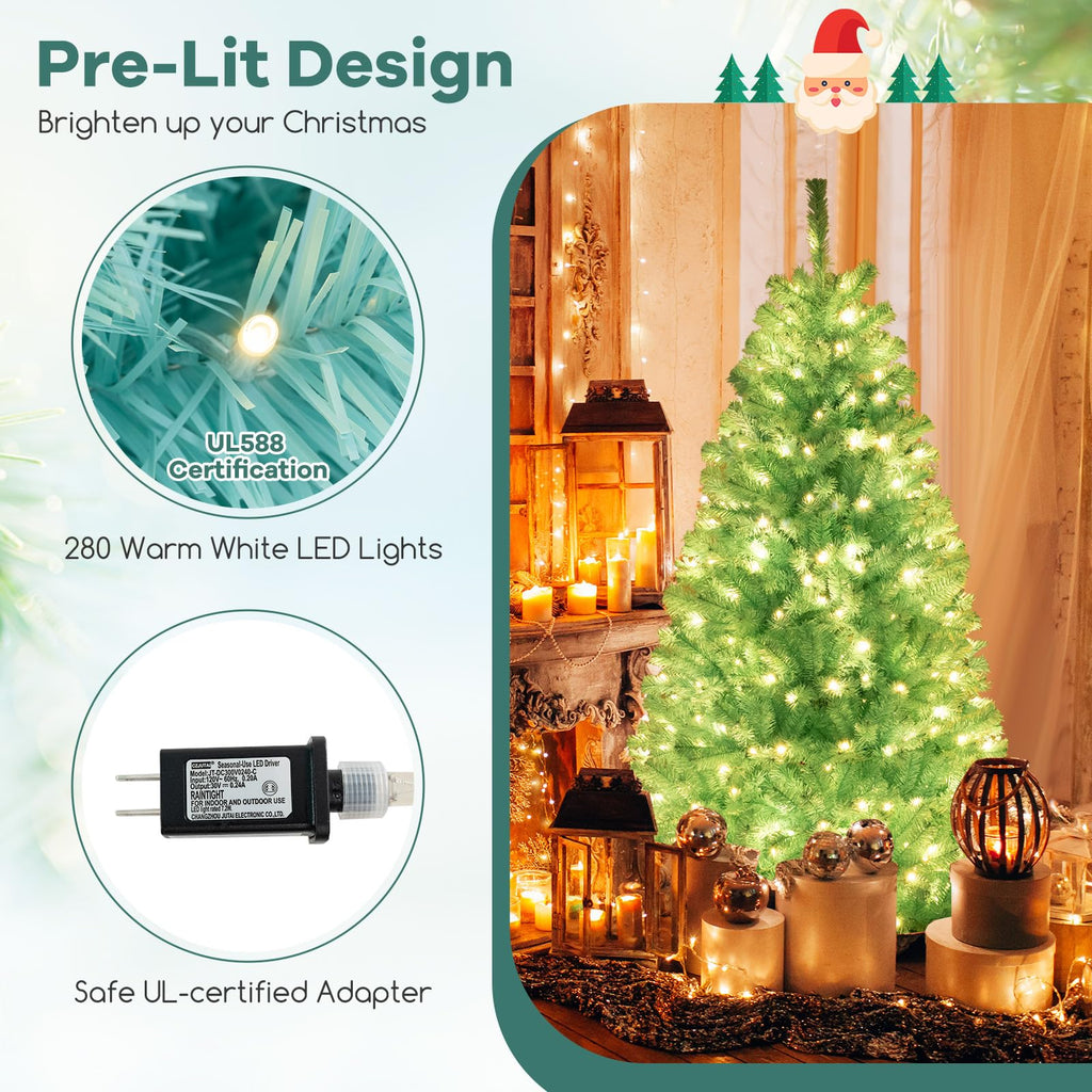 Goplus 7FT Pre-Lit Artificial Christmas Tree Auto-Spread/Close up Branches 11 Flash Modes with Multicolored 400 LED Lights & Metal Stand