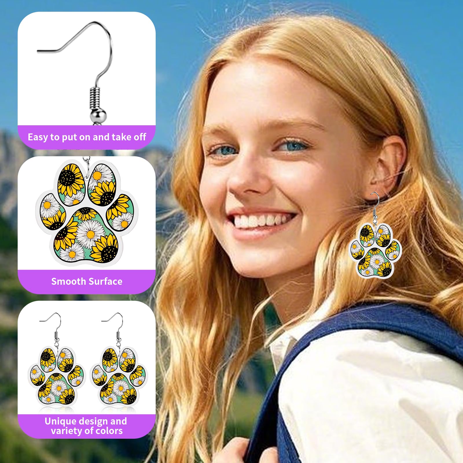 Funny Dog Sunflower Paw Print Earrings for Women - Unique & Quirky Funky Acrylic Dangle Earrings, Cute & Silly Novelty Design, Wacky & Crazy Earrings for Fun Lovers