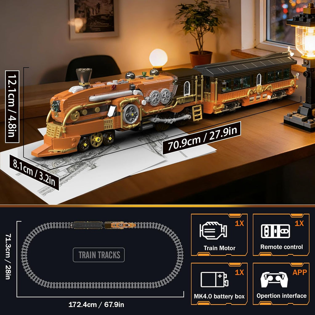 Mould King 12046 Steampunk Train Building Set, Remote/App Control Locomotive Model Kit with Tracks, Engineering Building Kit for Adults Teen(1954 PCS)