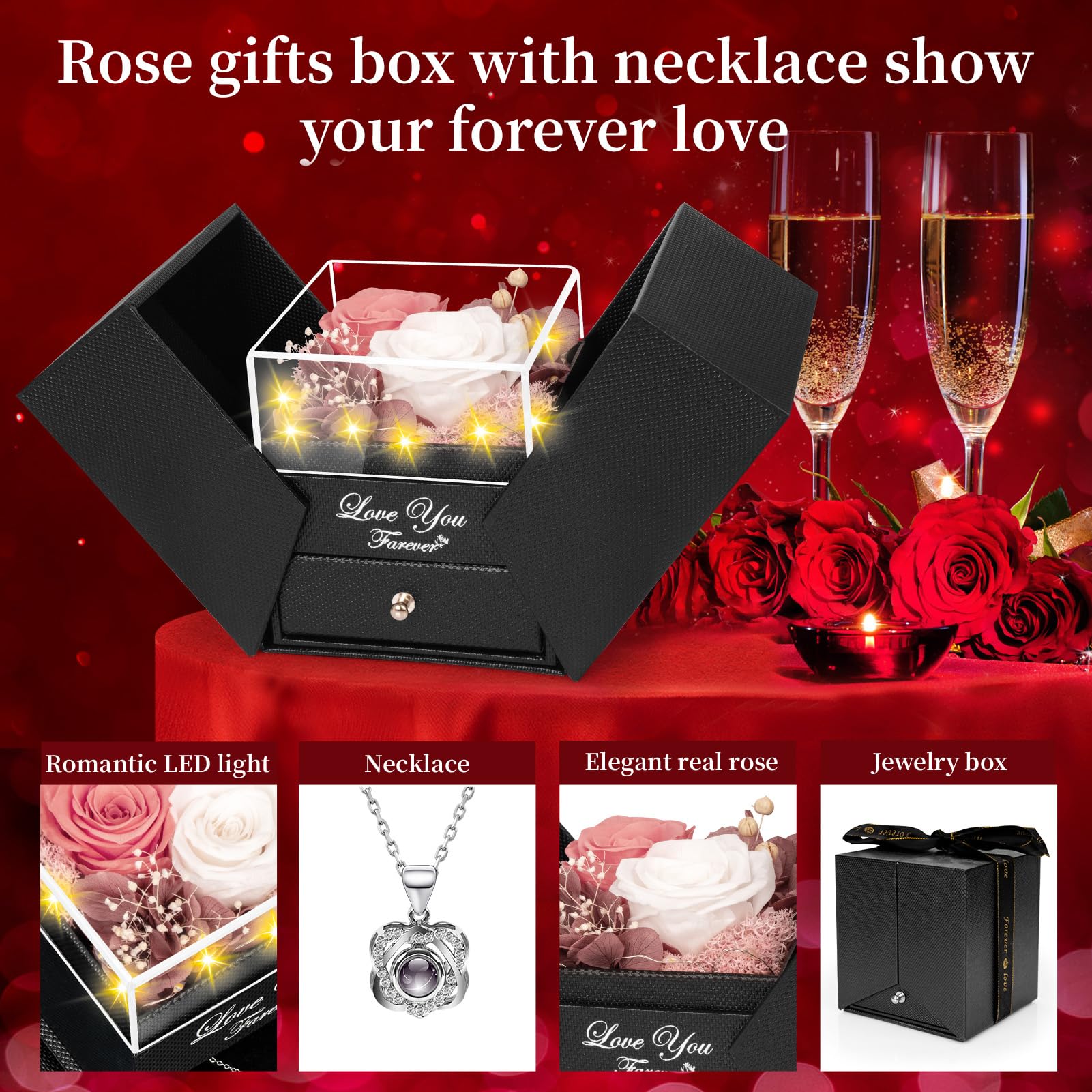Lebana Preserved Red Real Rose with Heart I Love You Necklace -Mothers Day Gifts for Mom Her Wife Girlfriend Grandma on Valentines Mothers Day Christmas Birthday Anniversary Romantic-Red