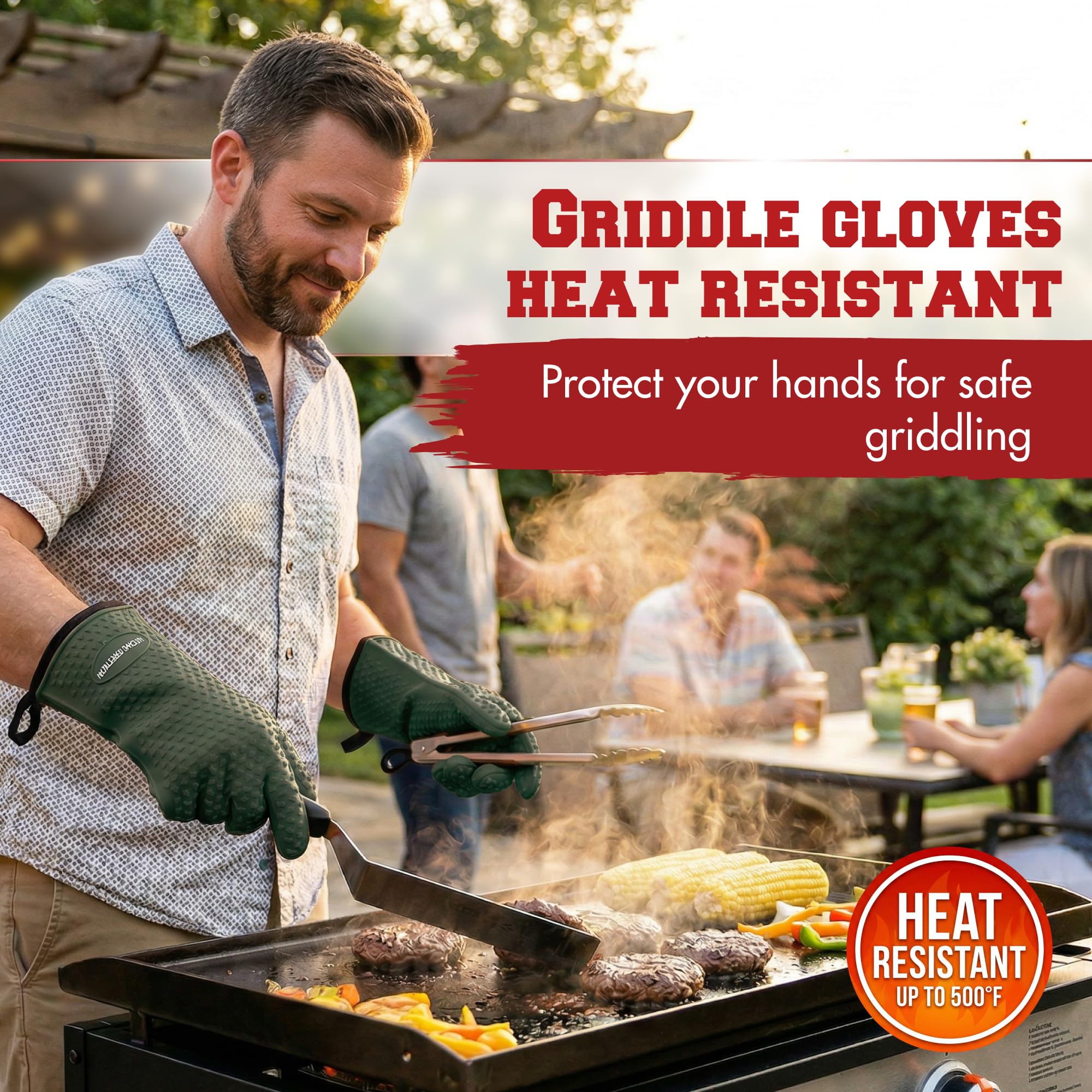 KITCHEN PERFECTION Silicone Oven & Griddle Gloves -Extreme Heat Resistant BBQ & Grilling Gloves -Handle Hot Food Right on Your Griddle |Waterproof Oven Mitts Grill Gloves |Superior Set+3 Bonuses
