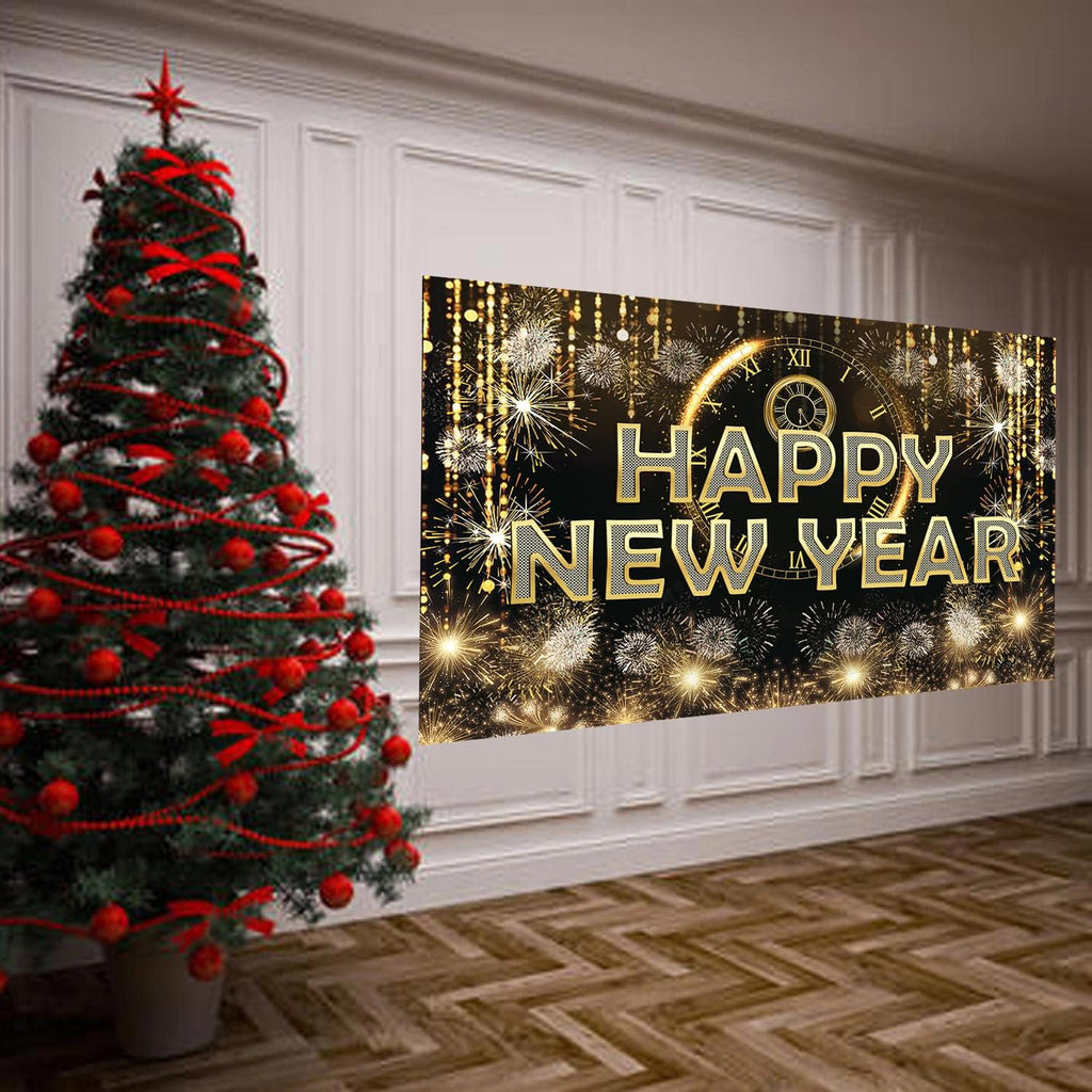 HAPPY NEW YEAR Hanging Extra Large Fabric Sign Poster Black Background Banner with Firework Pattern for New year Party Decorations