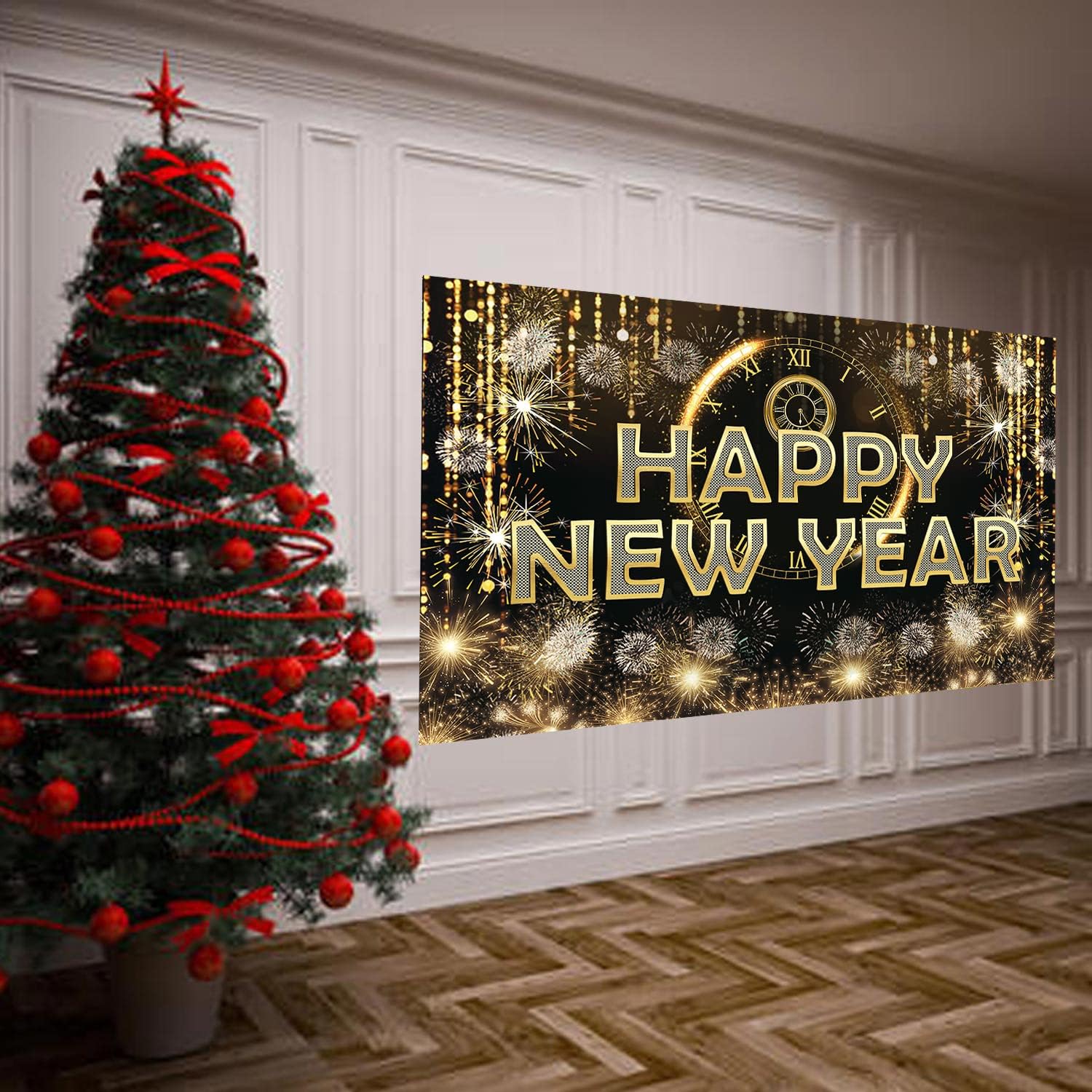 HAPPY NEW YEAR Hanging Extra Large Fabric Sign Poster Black Background Banner with Firework Pattern for New year Party Decorations