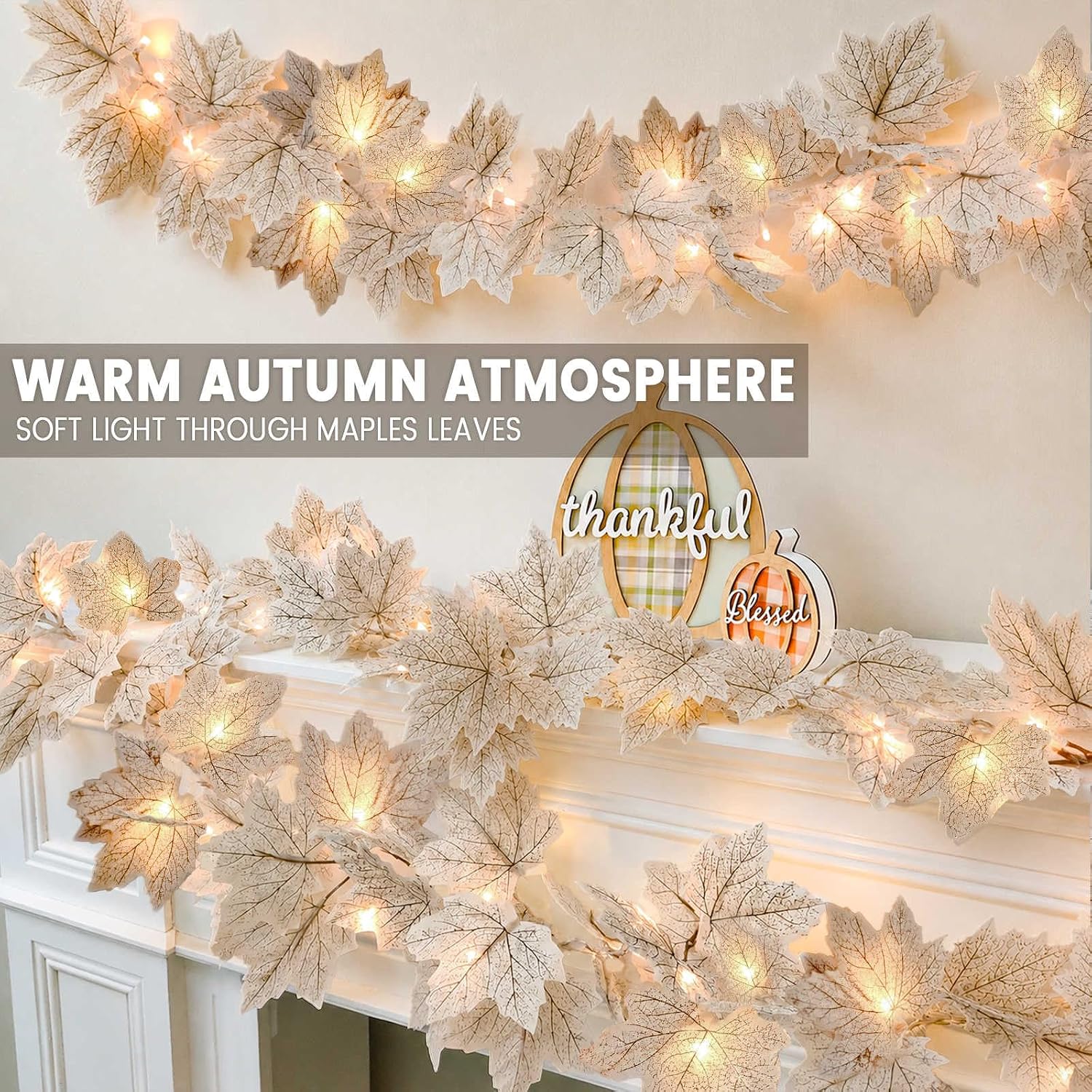 2 Pack Fall Decor Fall Garland with Lights Fall Decorations for Home, Lighted Maples Leaves Garland Total 13Ft 40LED Battery Operated Halloween Thanksgiving Christmas Decor Home Mantel Indoor Outdoor