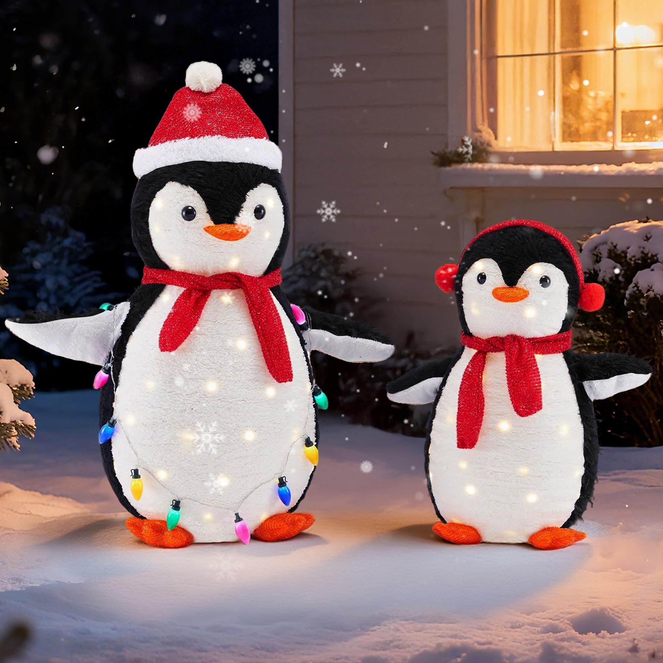 DUMOS 2-Piece Lighted Penguin Family Lovely Outdoor Christmas Decoration, Pop up Holiday Decor with 150 LED Lights for Yard, Garden, Storefront, White&Blue
