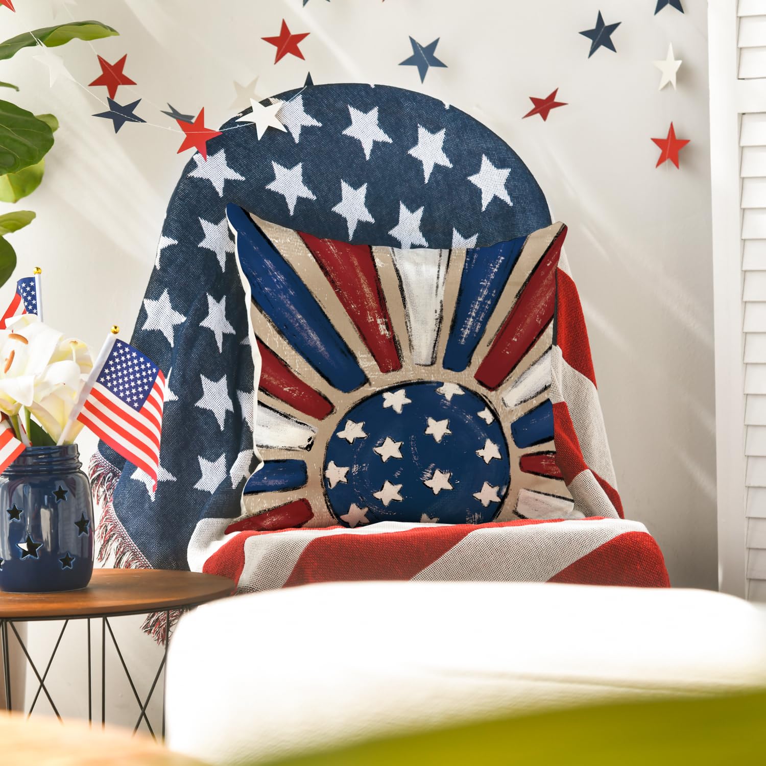 AVOIN colorlife Let Freedom Ring Stars Fireworks Flower Red Throw Pillow Covers, 12 x 20 Inch 4th of July Patriotic Independence Memorial Day USA Flag Cushion Case for Sofa Couch Set of 4