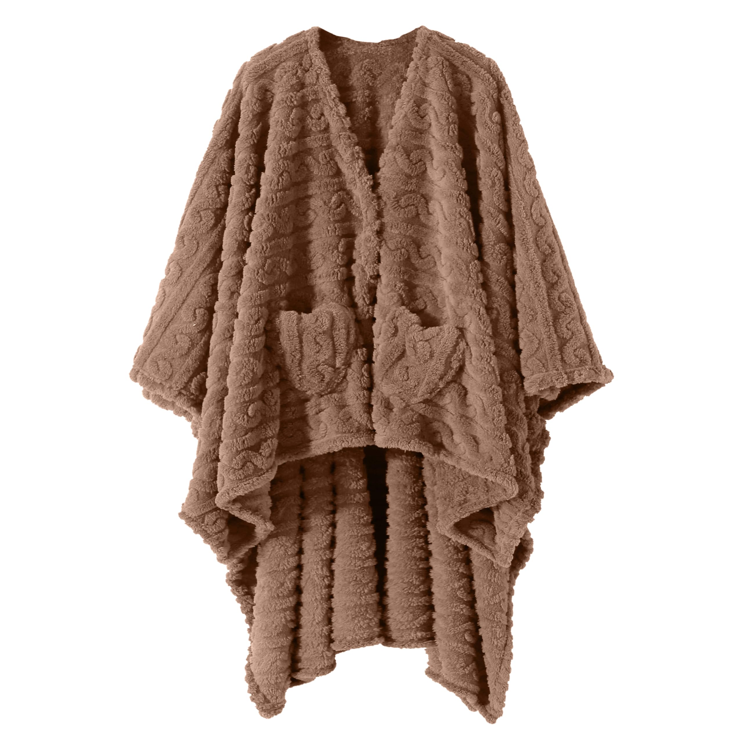 Wearable Blanket Poncho Cape Wrap for Adult, Cozy Sherpa Fleece Pocketed Shawl TV Throw Blankets for Office and Lounge(Caramel,58'' x 64'')