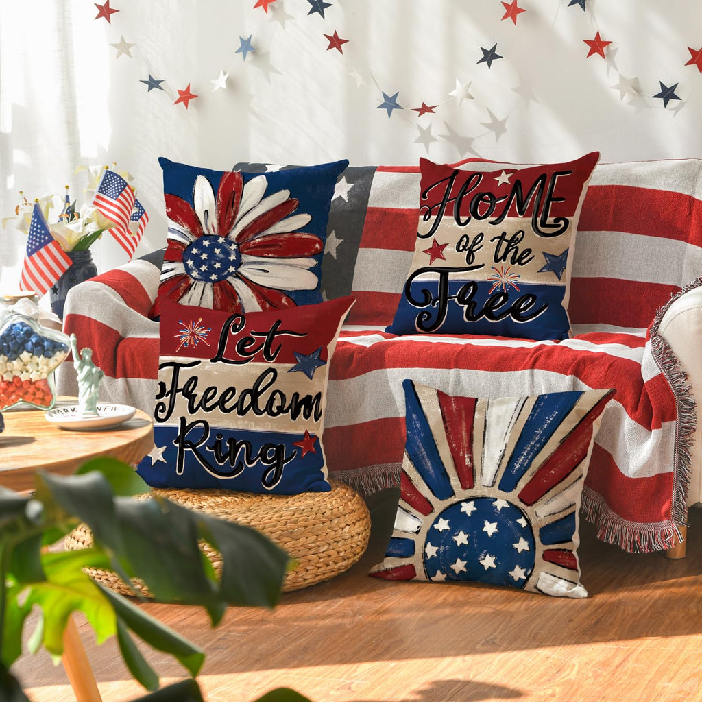 AVOIN colorlife Let Freedom Ring Stars Fireworks Flower Red Throw Pillow Covers, 12 x 20 Inch 4th of July Patriotic Independence Memorial Day USA Flag Cushion Case for Sofa Couch Set of 4