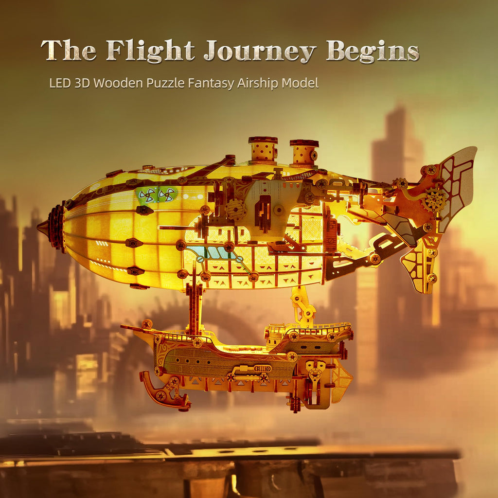 FUNPOLA LED 3D Wood Puzzle Fantasy Airship Model - Steampunk DIY Craft Kit with LED Lights – Intricate Wooden Airship Model Building Set for Teens and Adults(Gray)