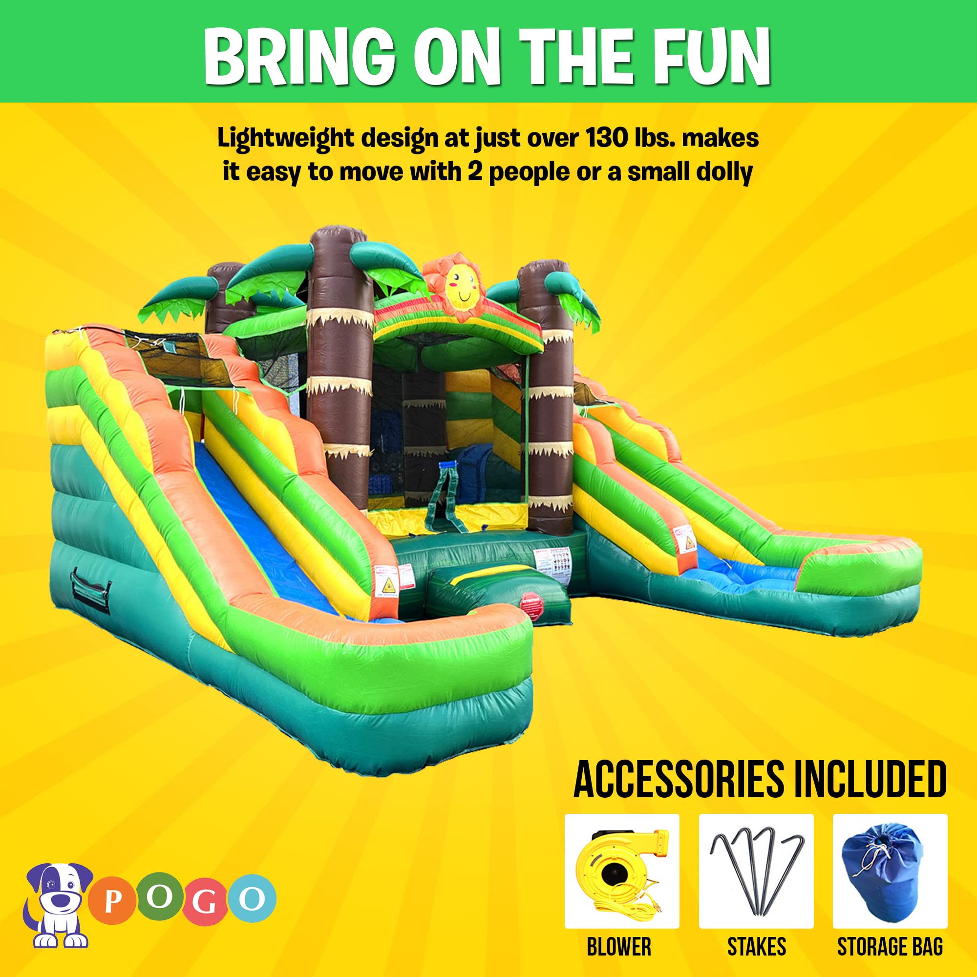 Crossover Tropical Double Water Slide Bounce House Combo, 16.5 x 15 x 11 Foot, PVC Vinyl Inflatable Bouncy House for Kids, Wet or Dry Slides, with Stakes, Storage Bag and 1 HP Blower