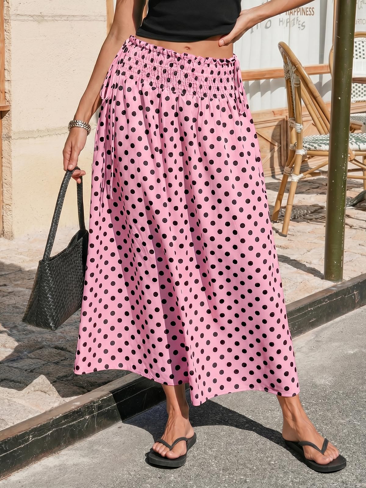 Tankaneo Womens Polka Dot Maxi Skirts Boho Smocked High Waisted Tie Skirt Casual Beach Vacation Dress