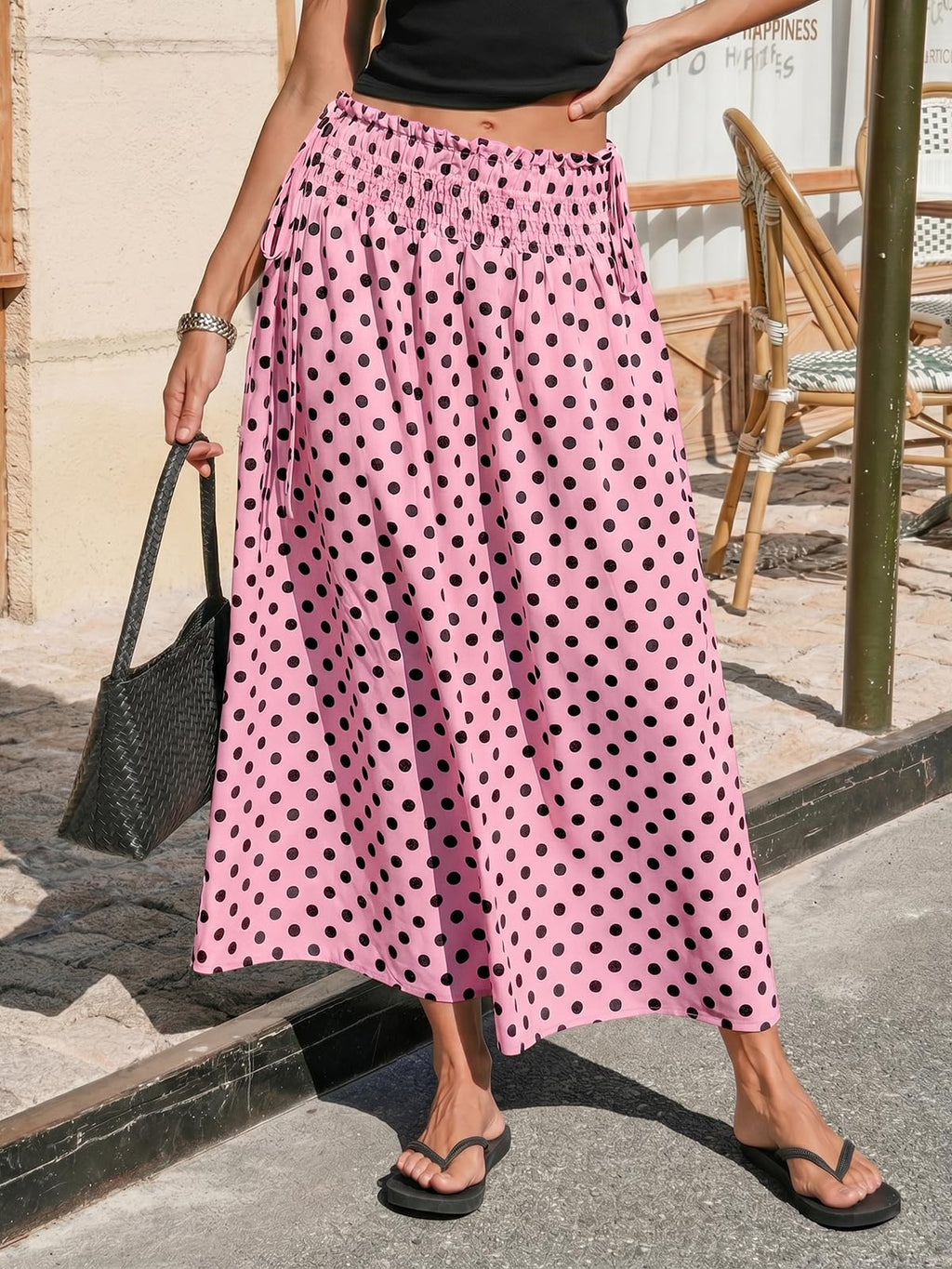 Tankaneo Womens Polka Dot Maxi Skirts Boho Smocked High Waisted Tie Skirt Casual Beach Vacation Dress